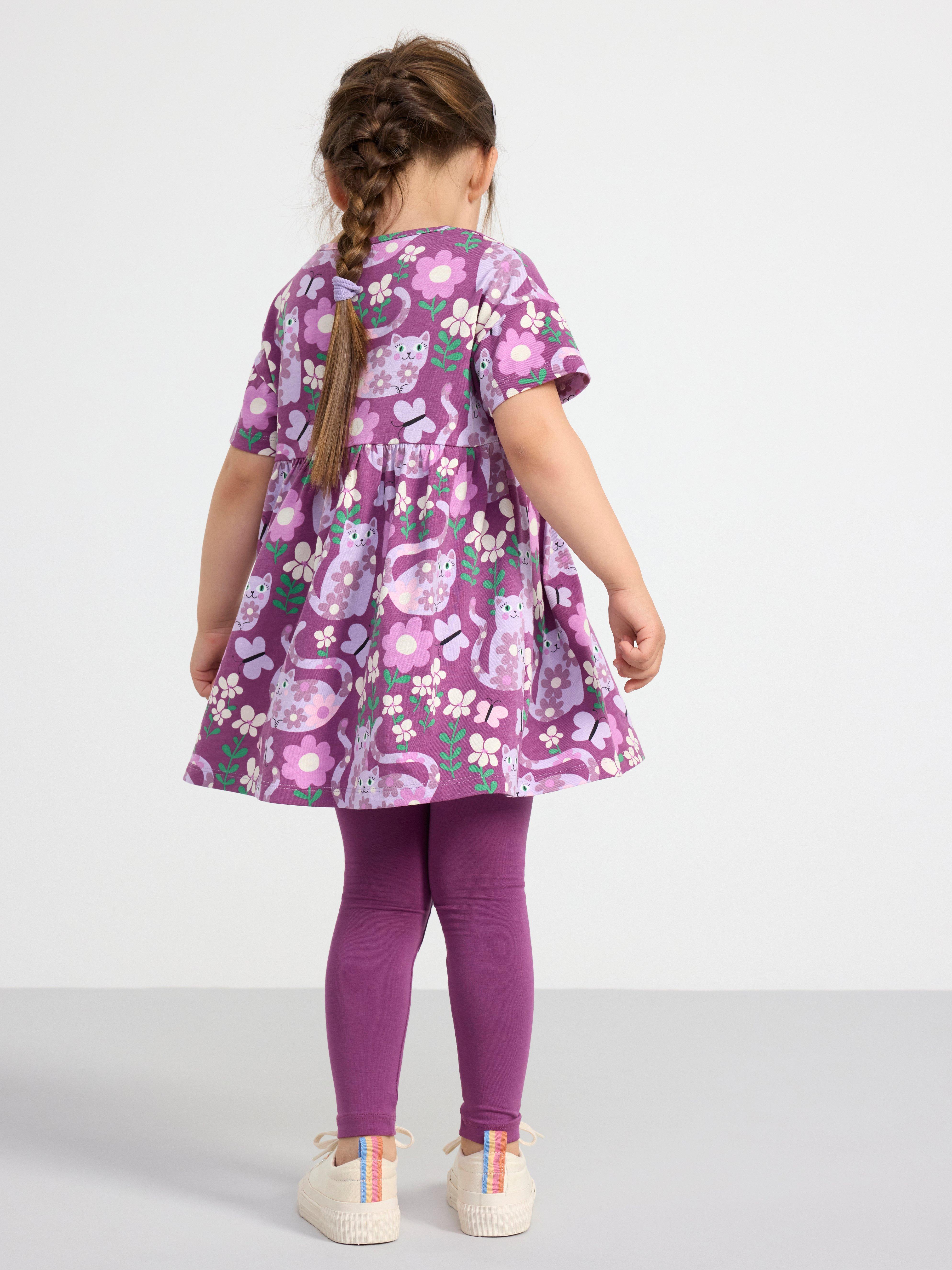 Short sleeve dress with cats and flowers LILAC