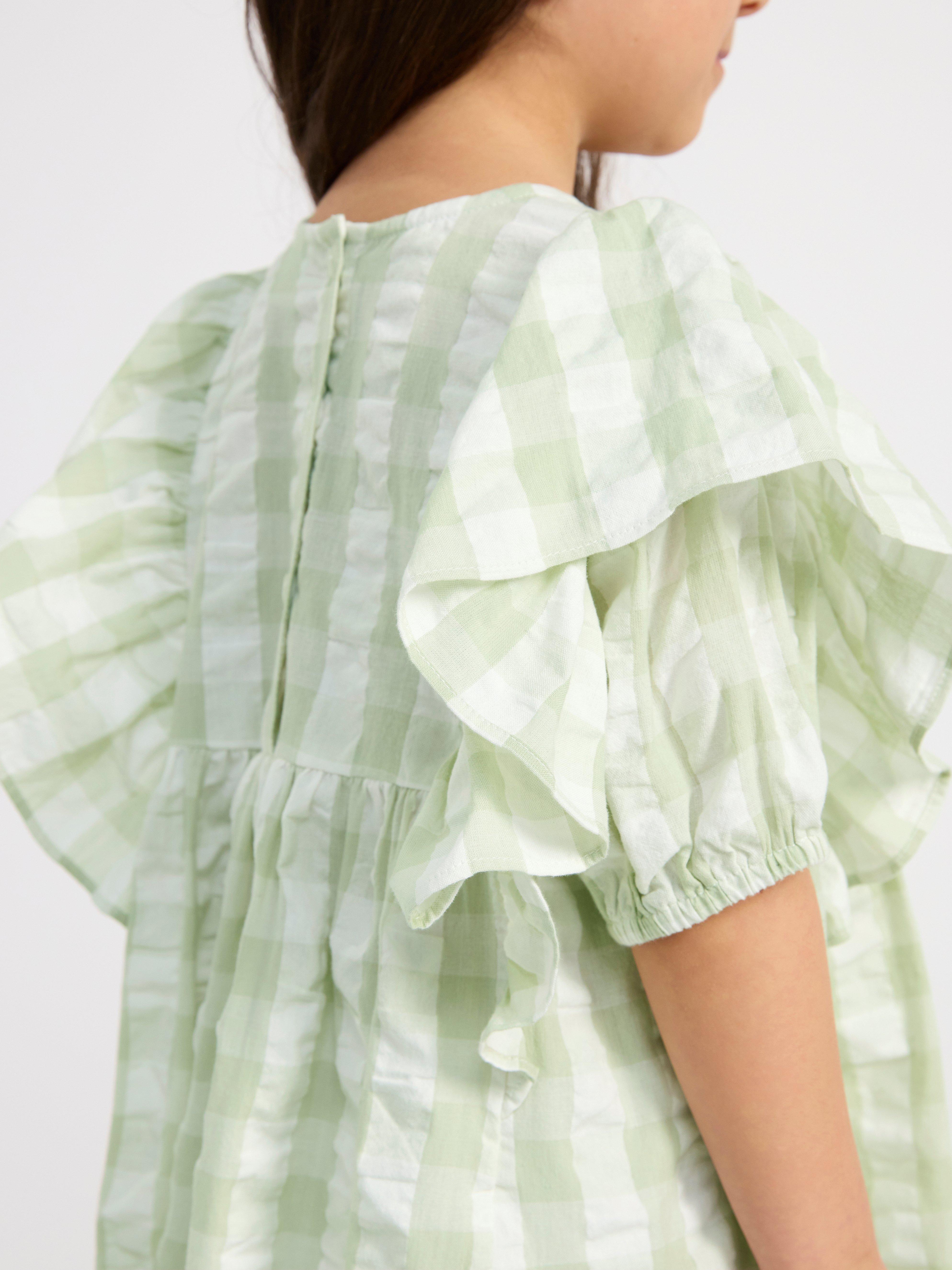 Short sleeve checked seersucker dress Light Dusty Aqua
