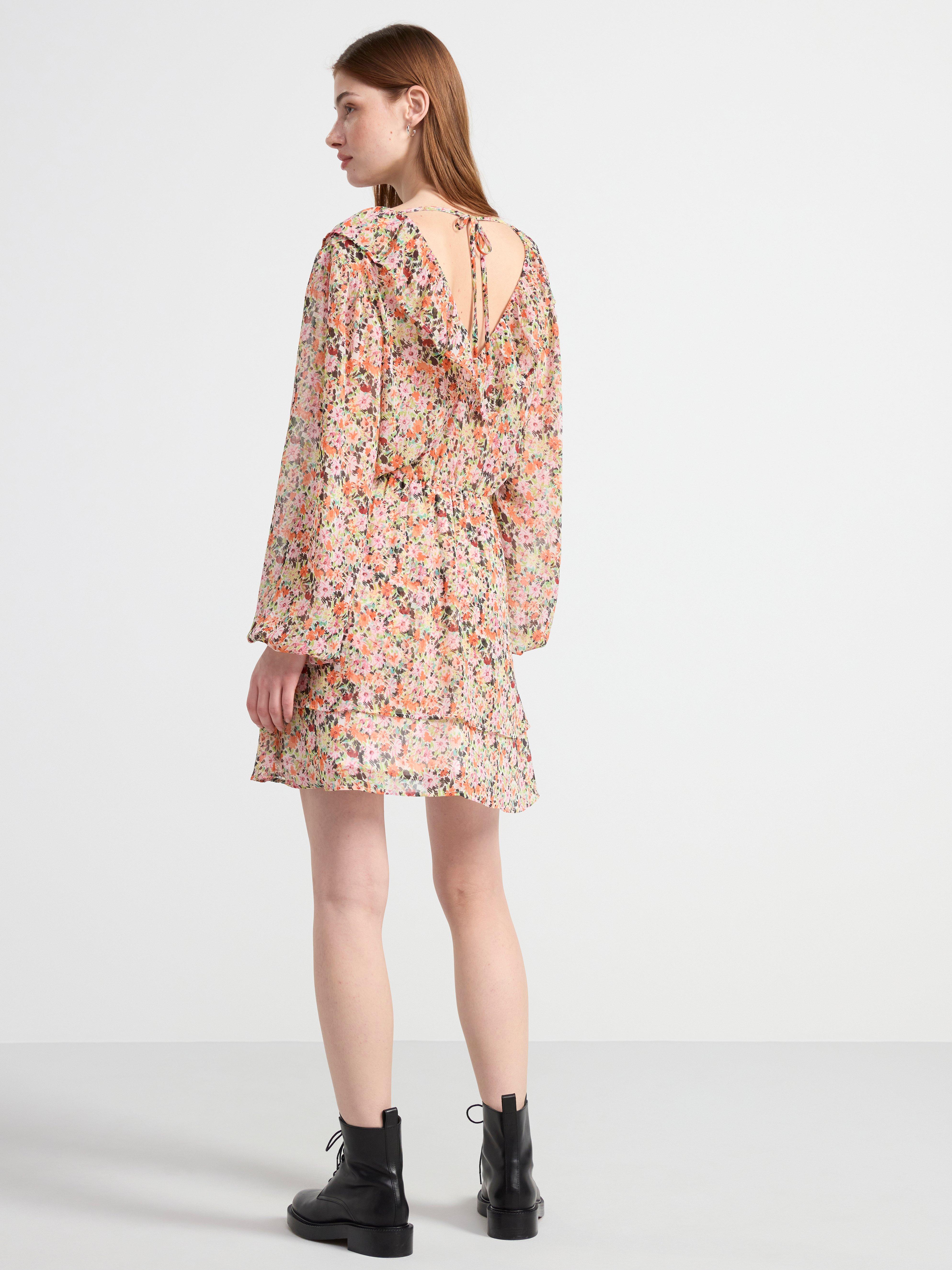 Long sleeve chiffon dress with flowers Orange