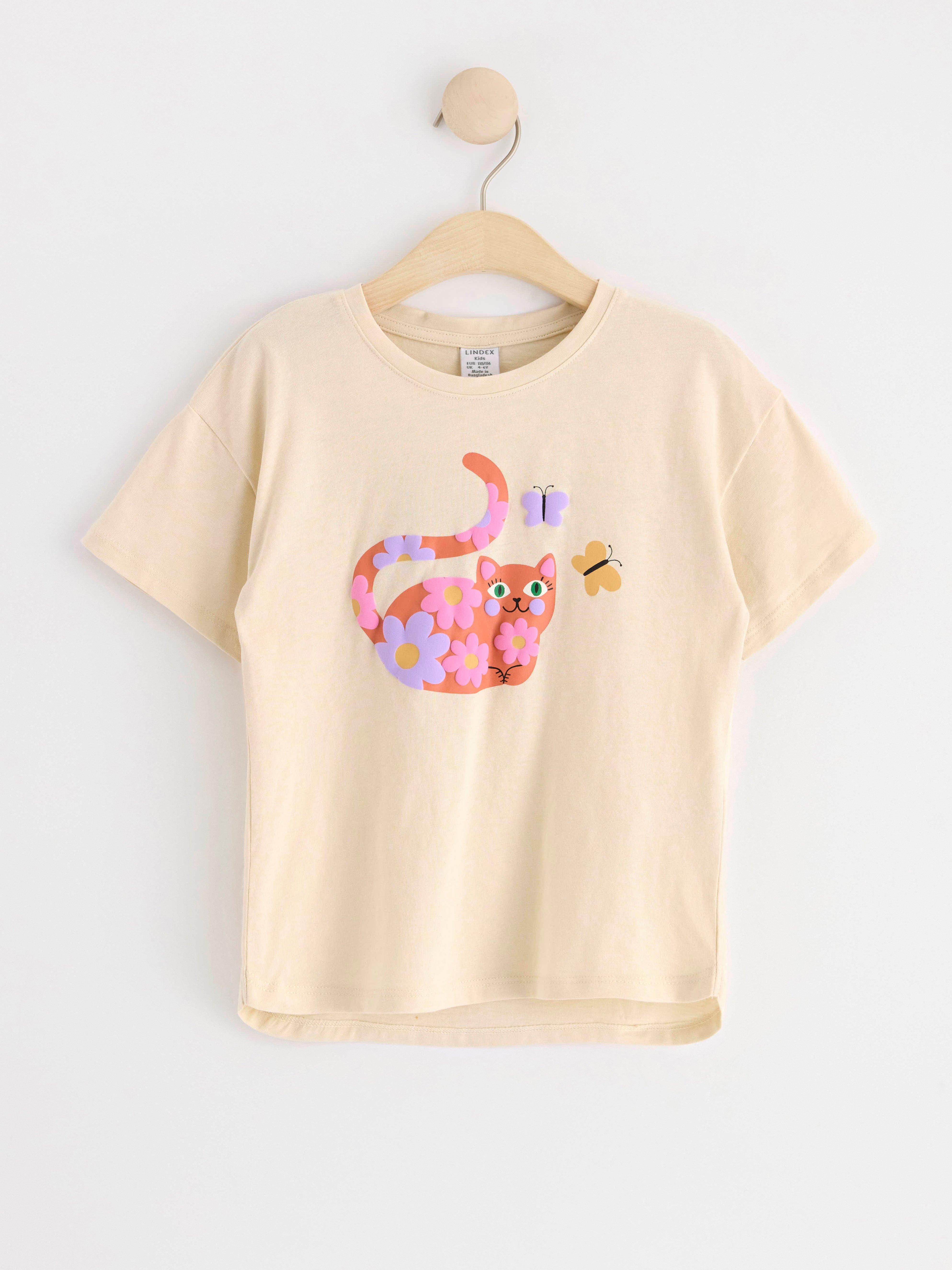 Oversize t-shirt with cat and flower print Light Beige