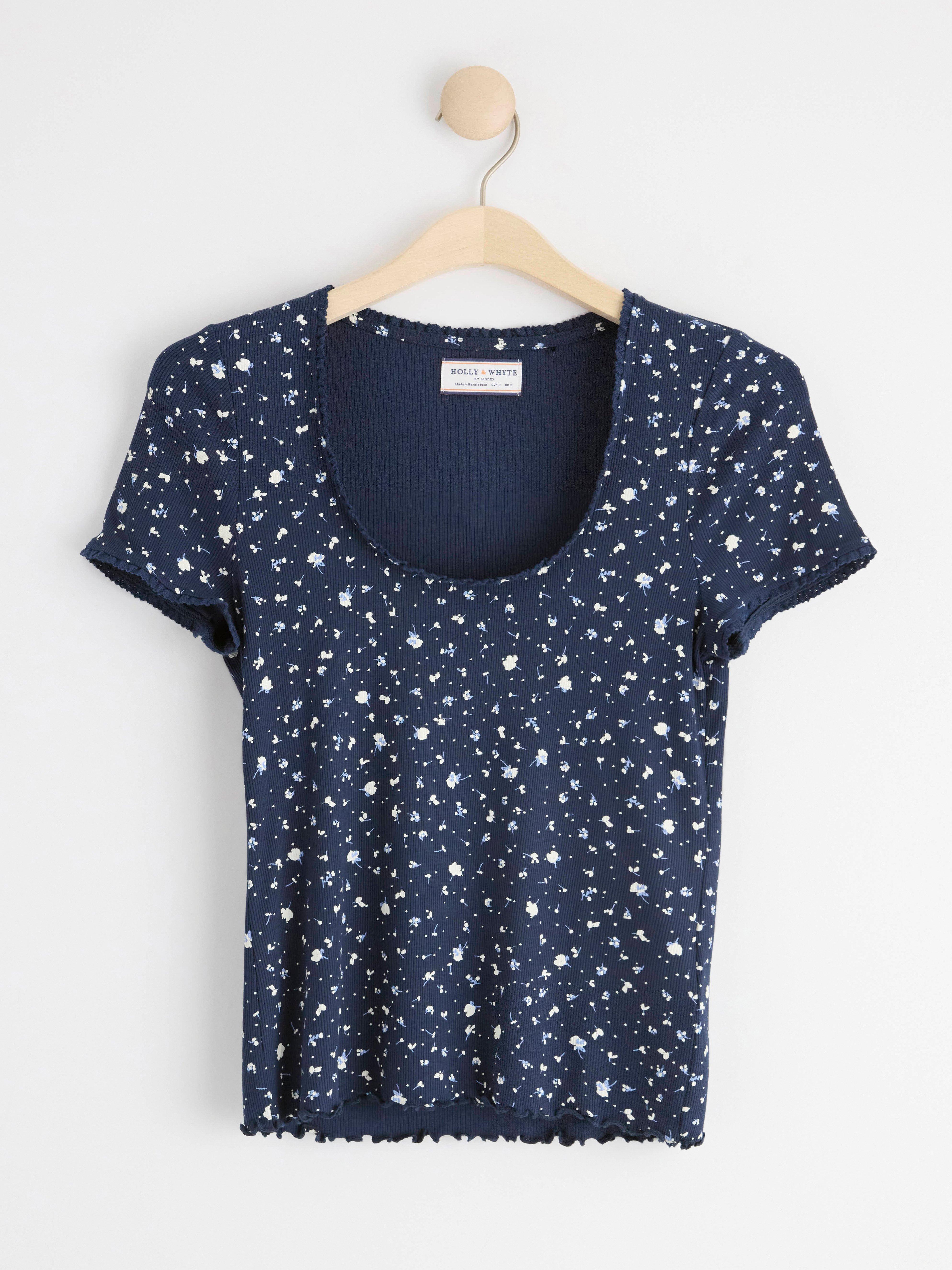Ribbed top with flowers Navy