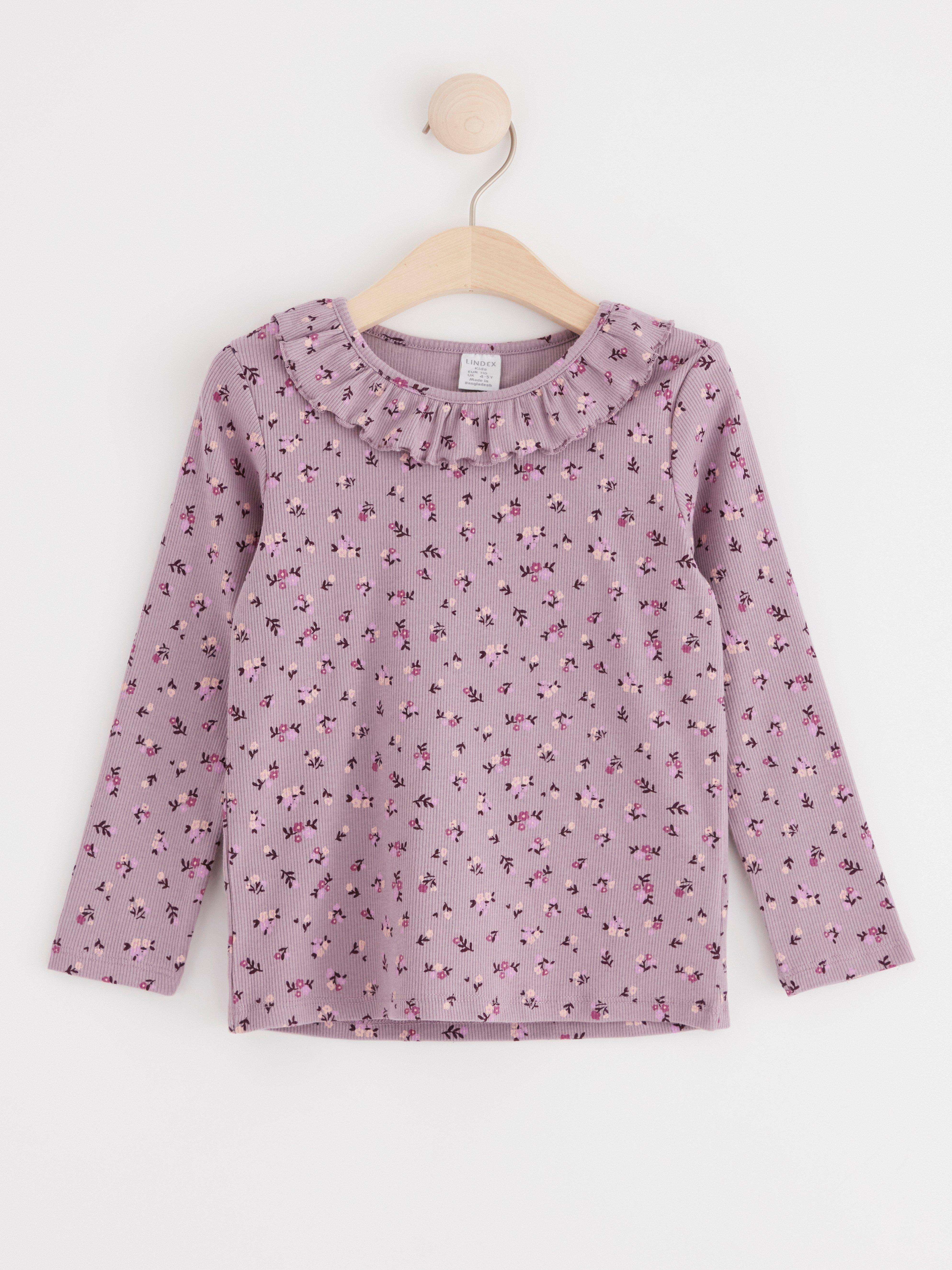 Ribbed top with flowers and frill collar Light Dusty Lilac