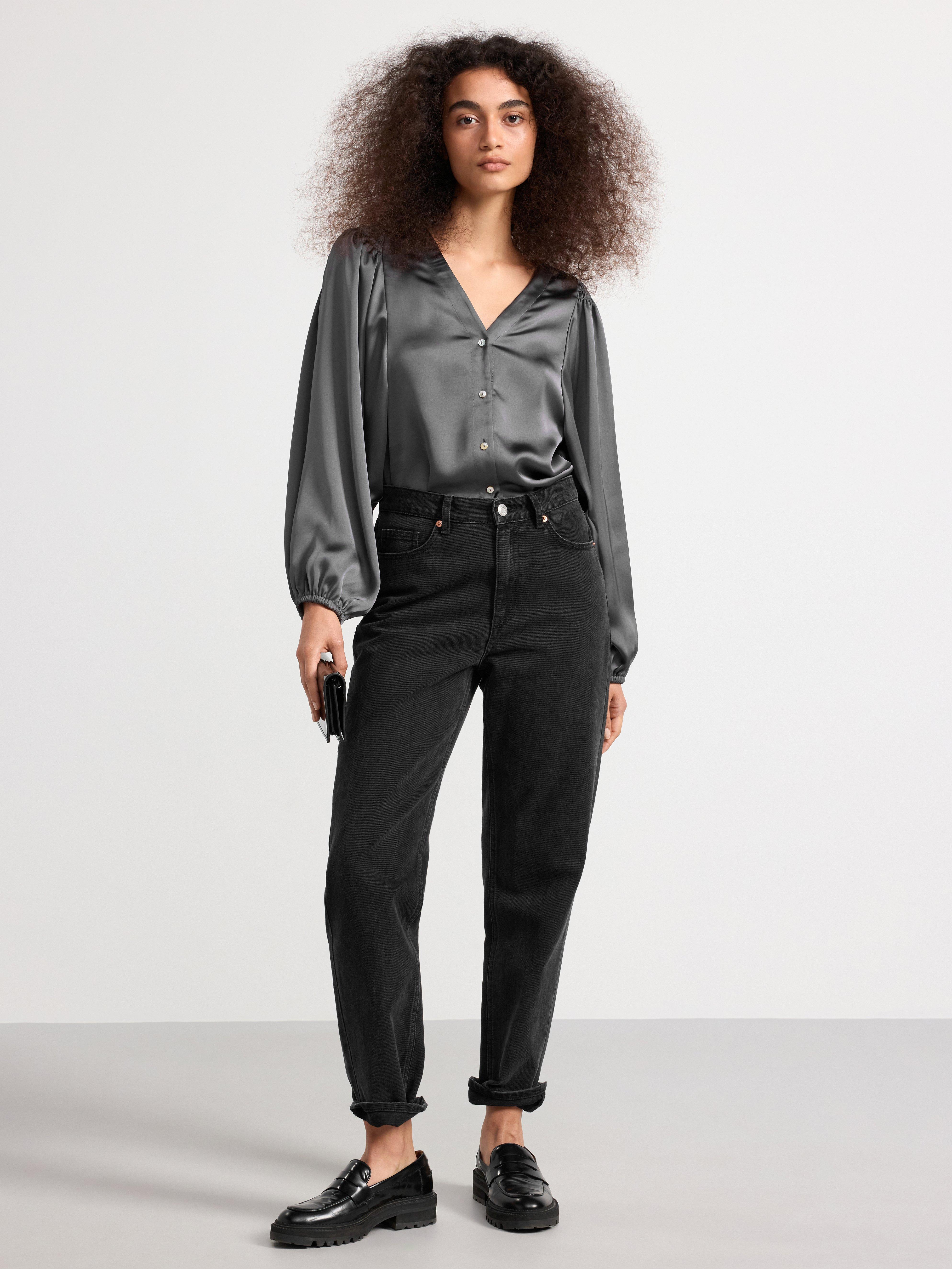Satin blouse with long puff sleeves grey
