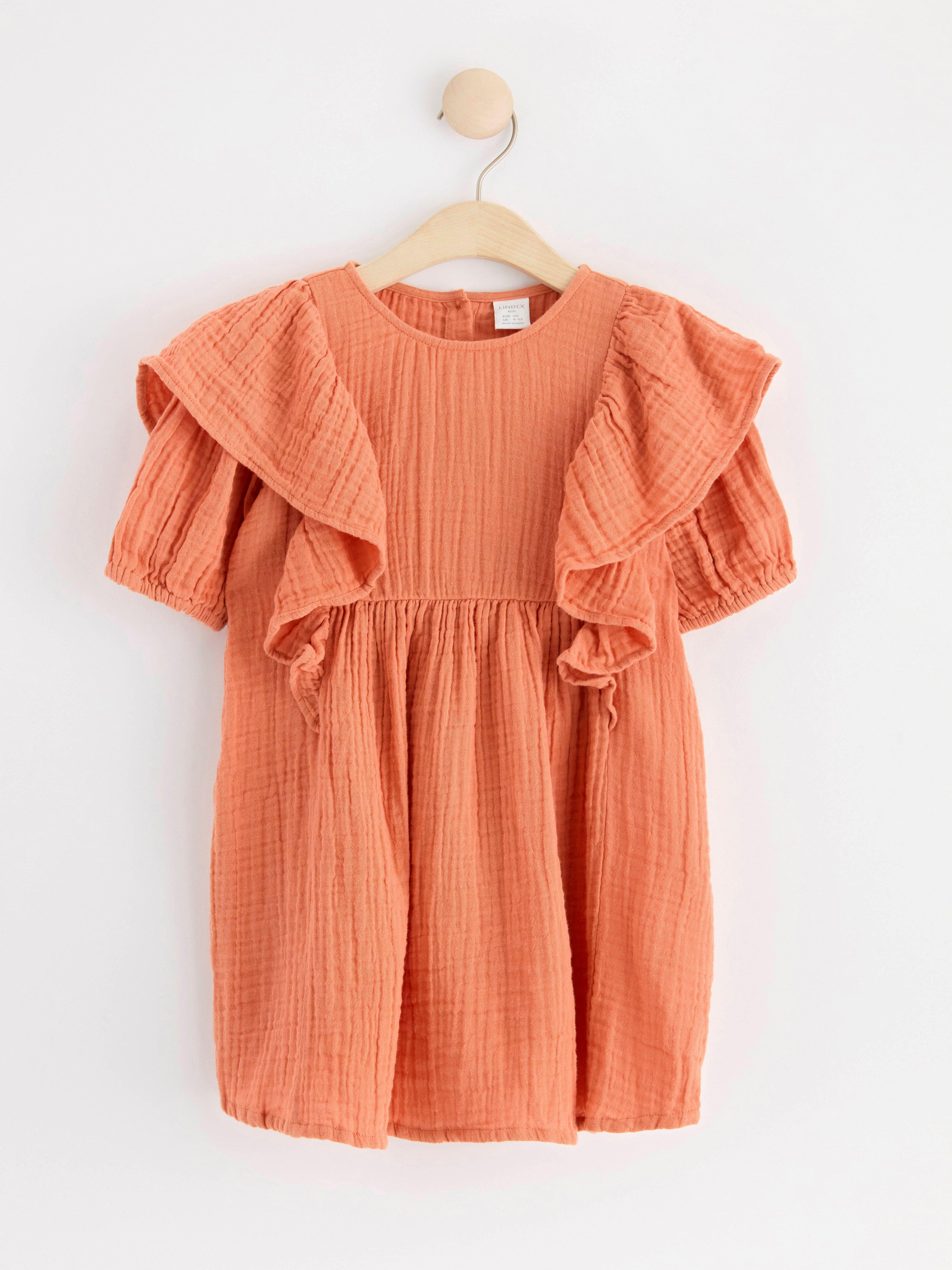 Short sleeve crinkled cotton dress Light Dusty Orange
