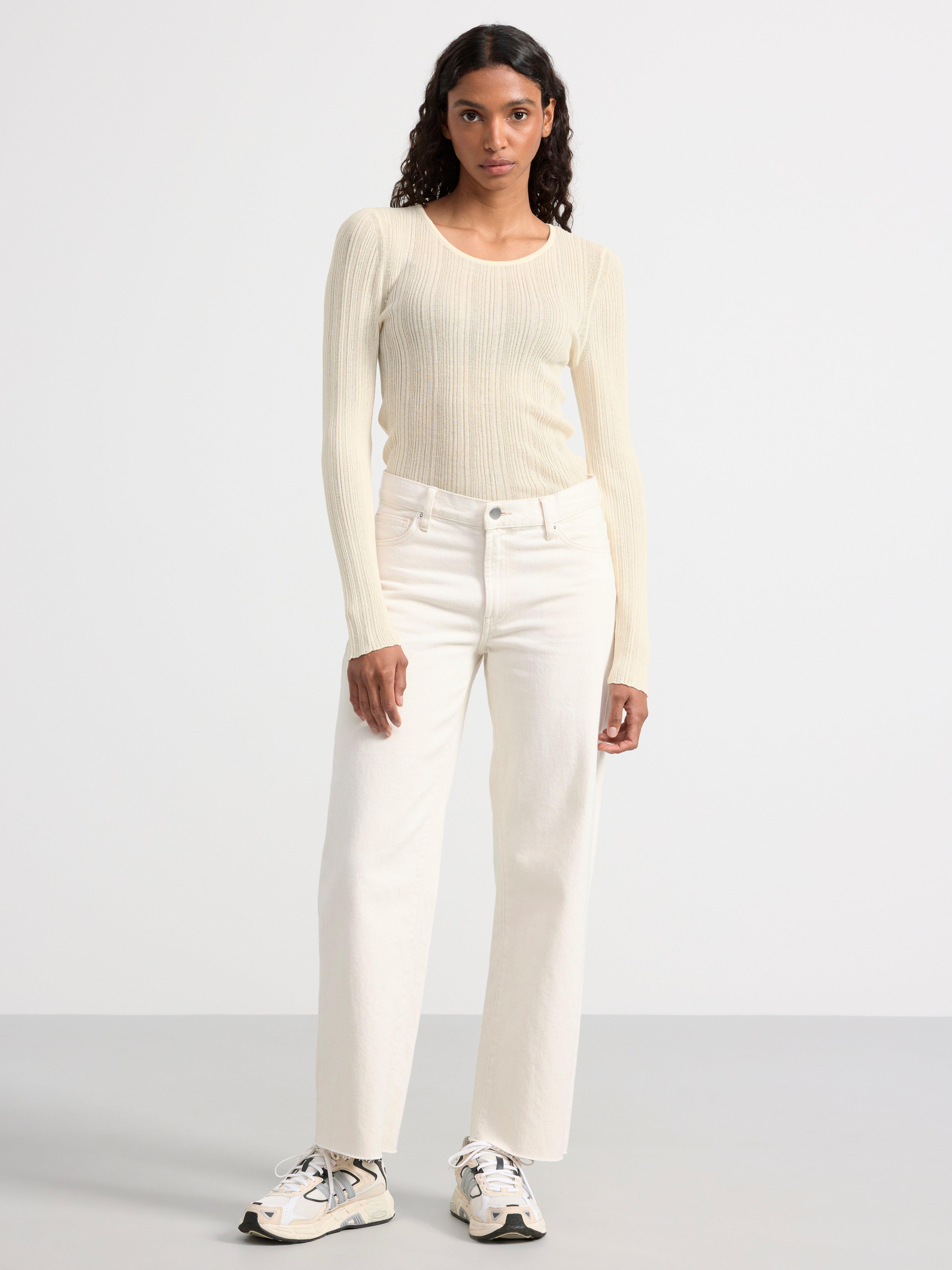 Rib-knit long sleeve top white