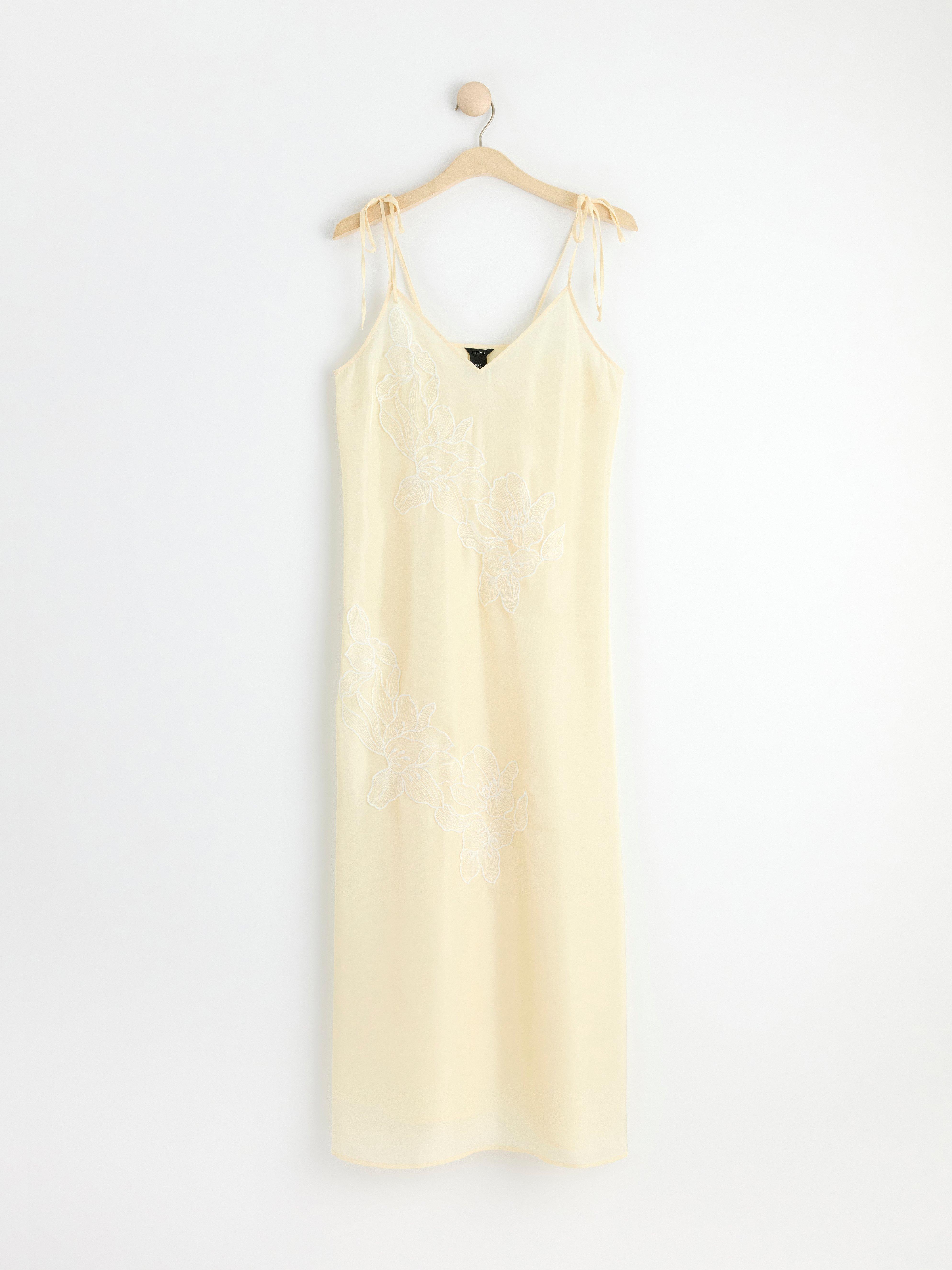 Satin slip dress with flowers Off White