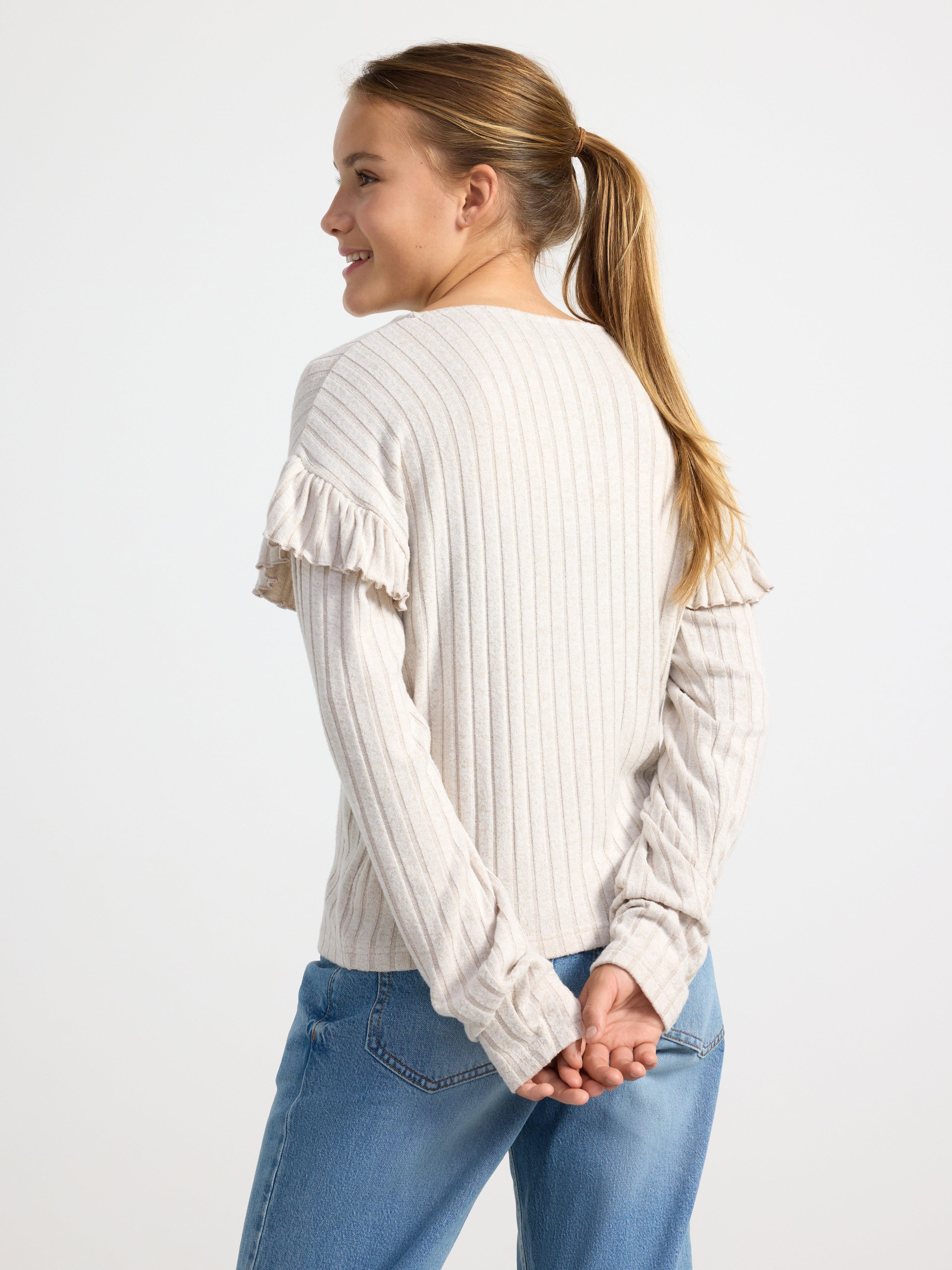 Ribbed long sleeve top with frills Light Beige Melange