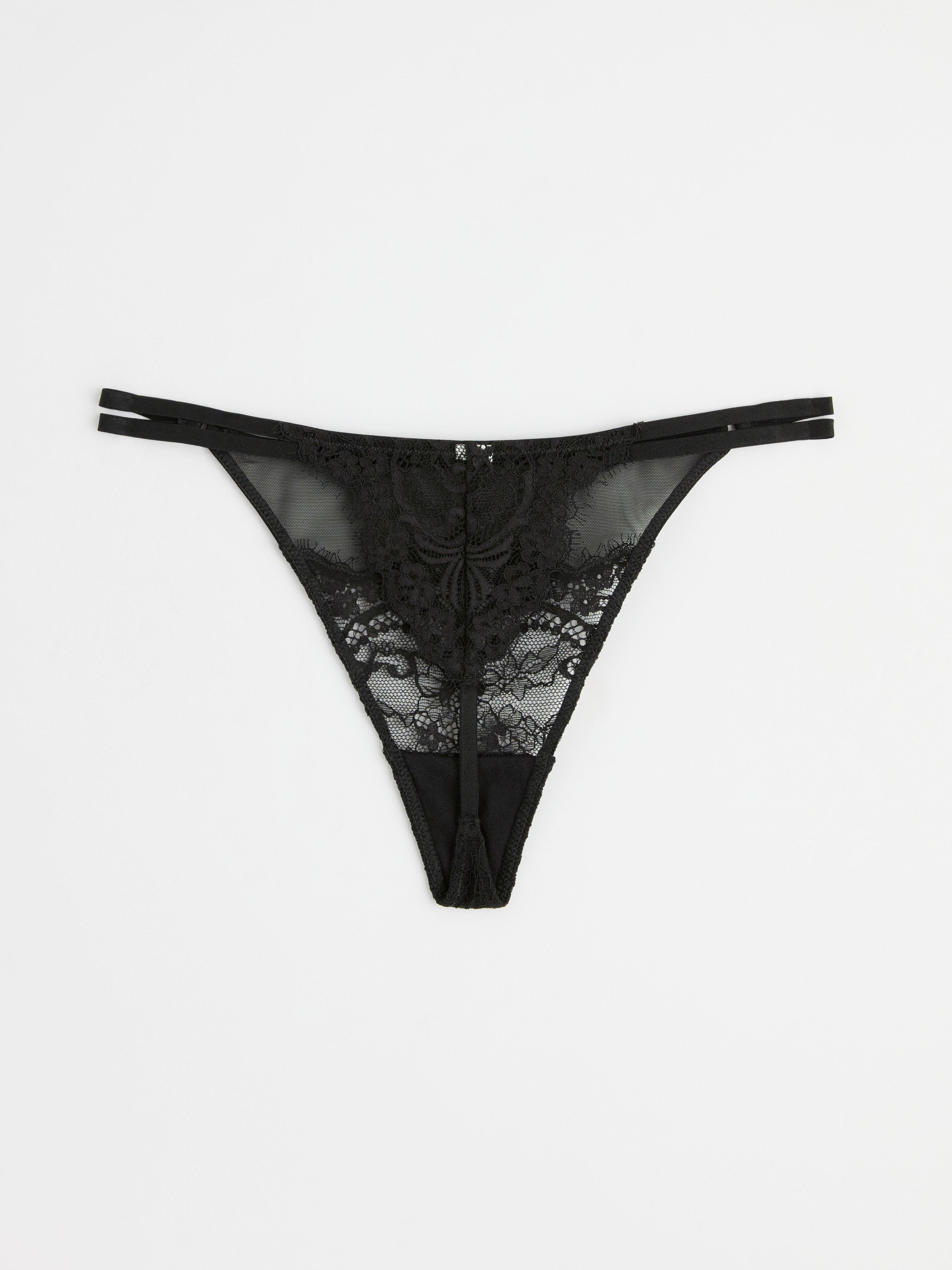 Thong low waist with mesh and lace Black