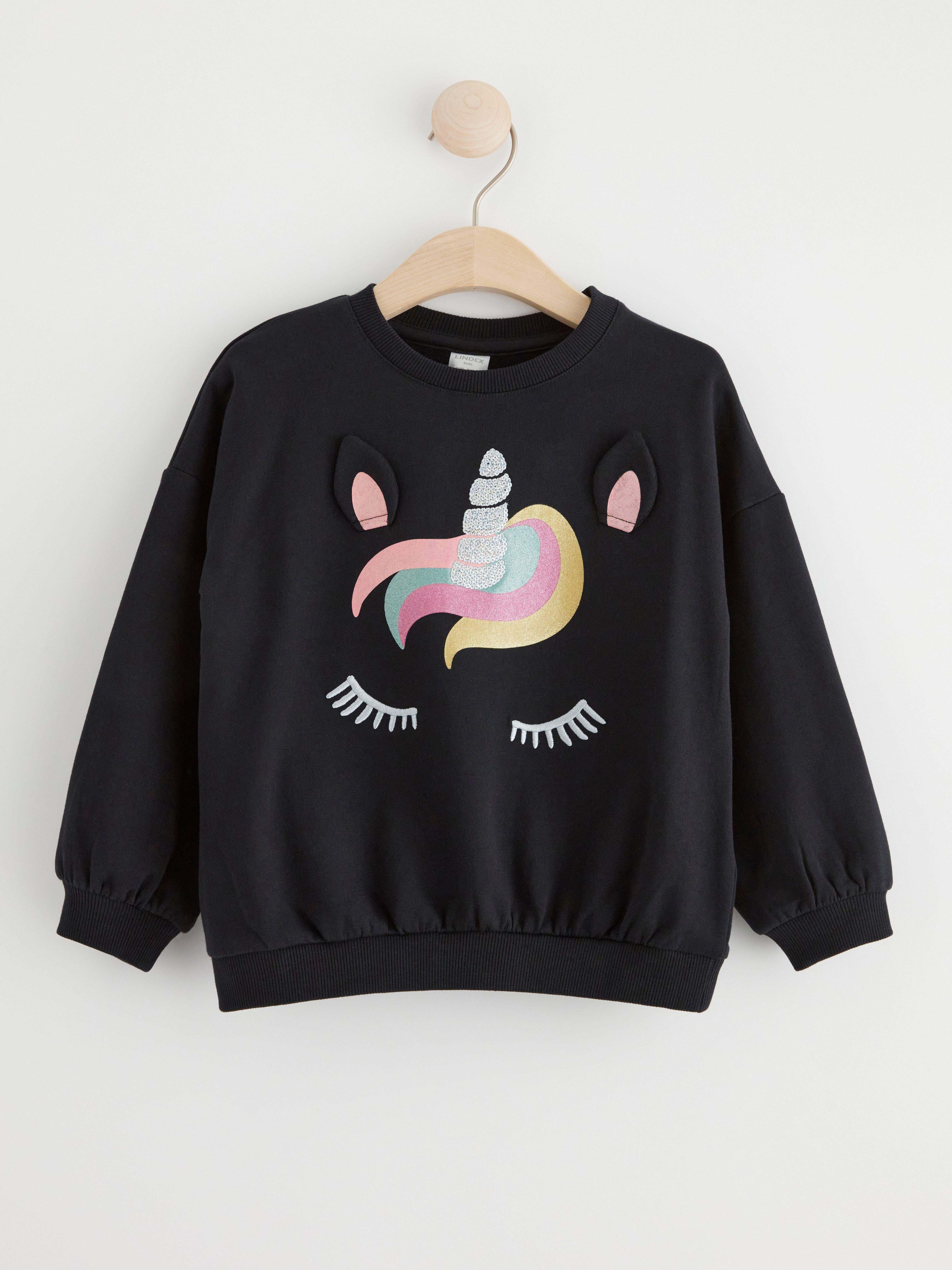 Sweatshirt with brushed inside and unicorn Black