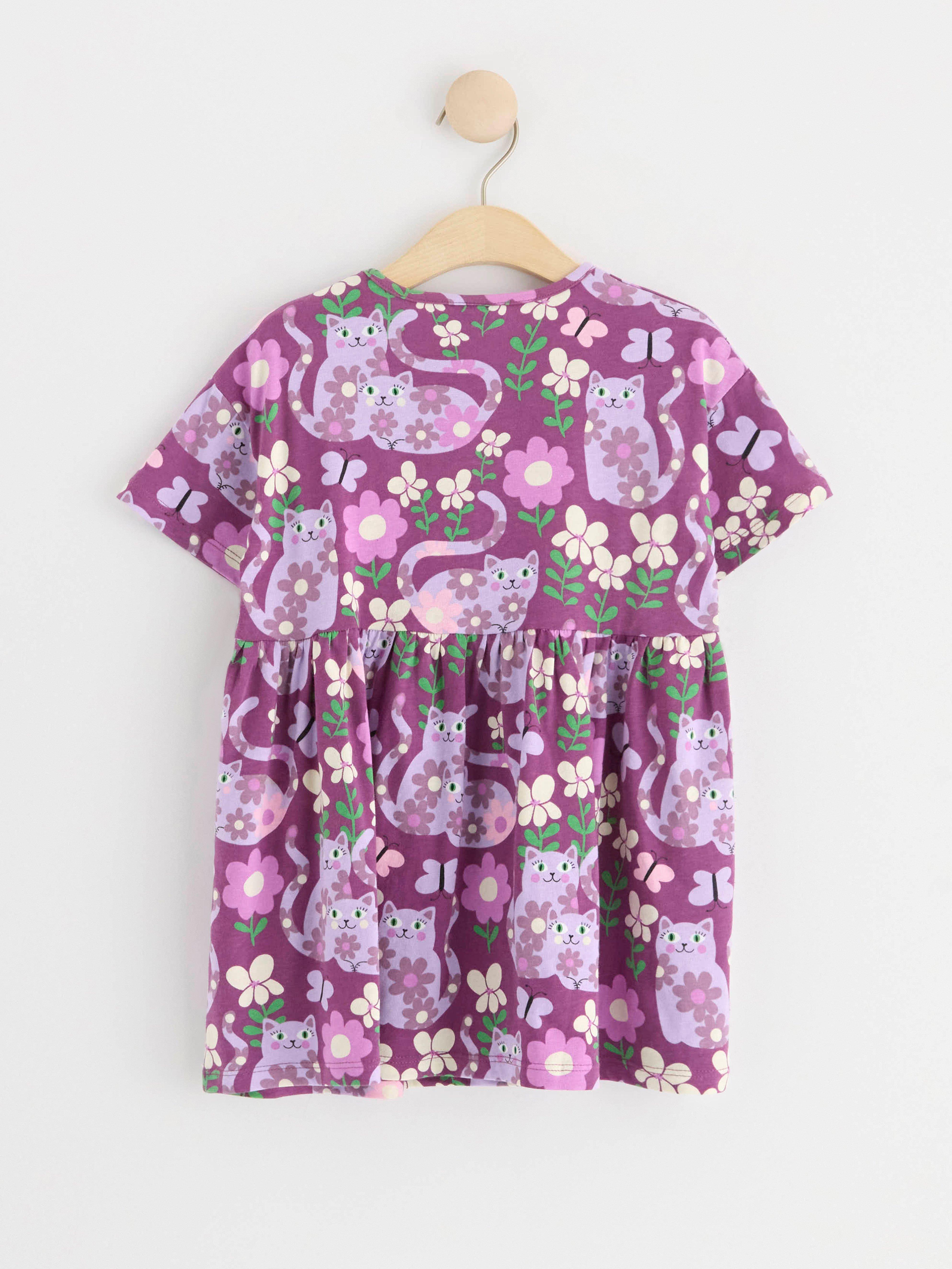 Short sleeve dress with cats and flowers LILAC