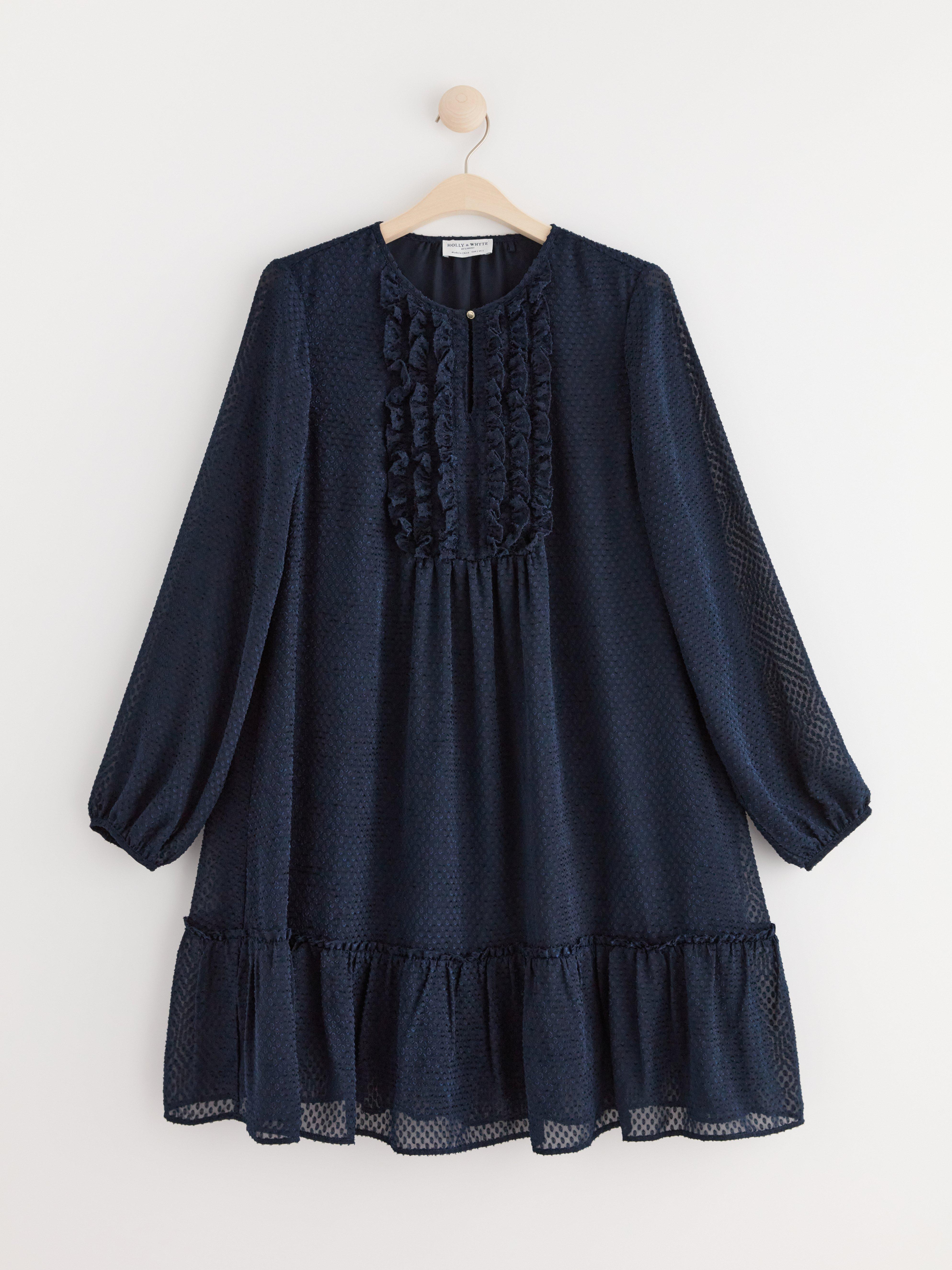 Long sleeve mini dress with flounce Navy