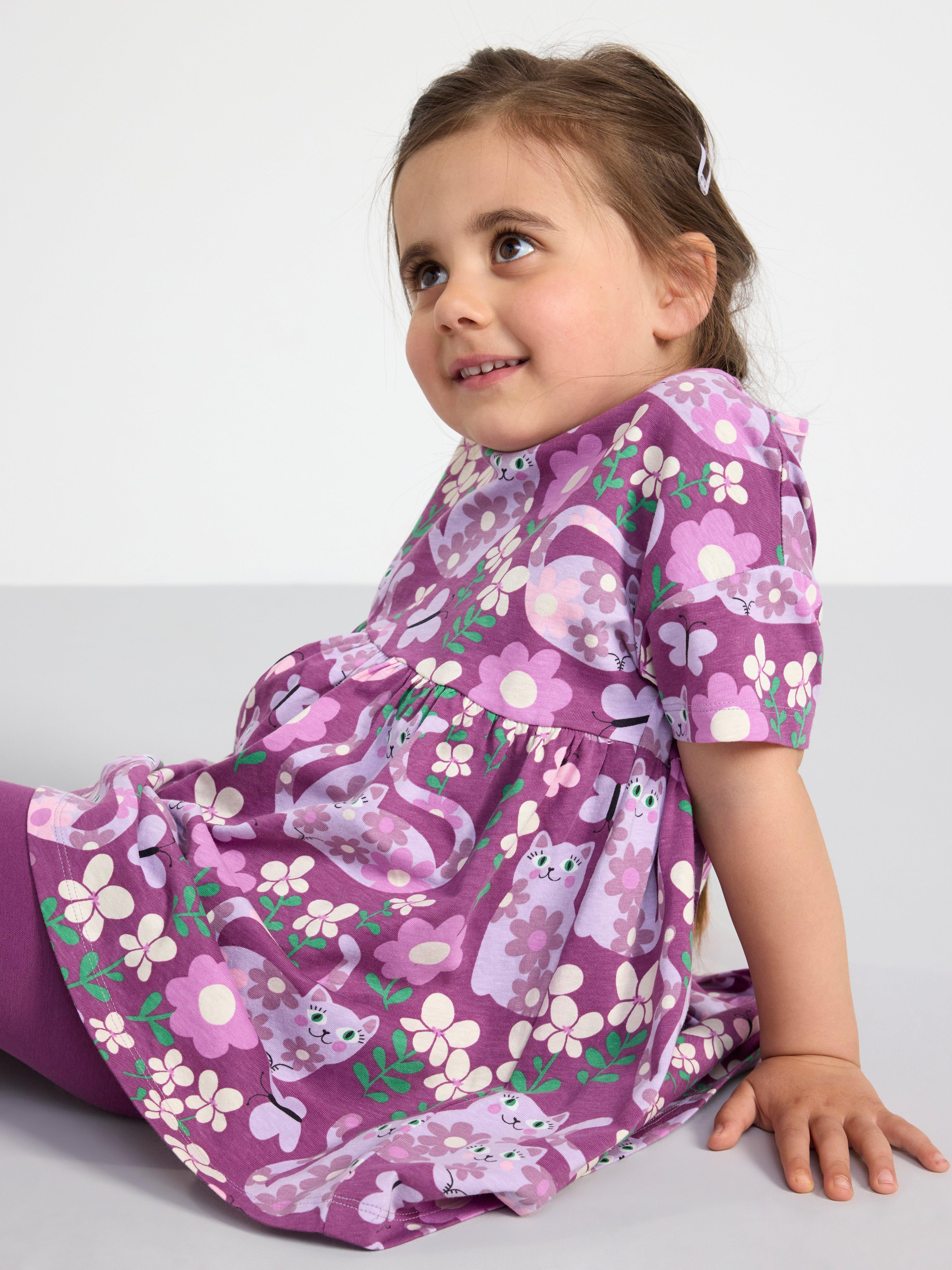 Short sleeve dress with cats and flowers LILAC