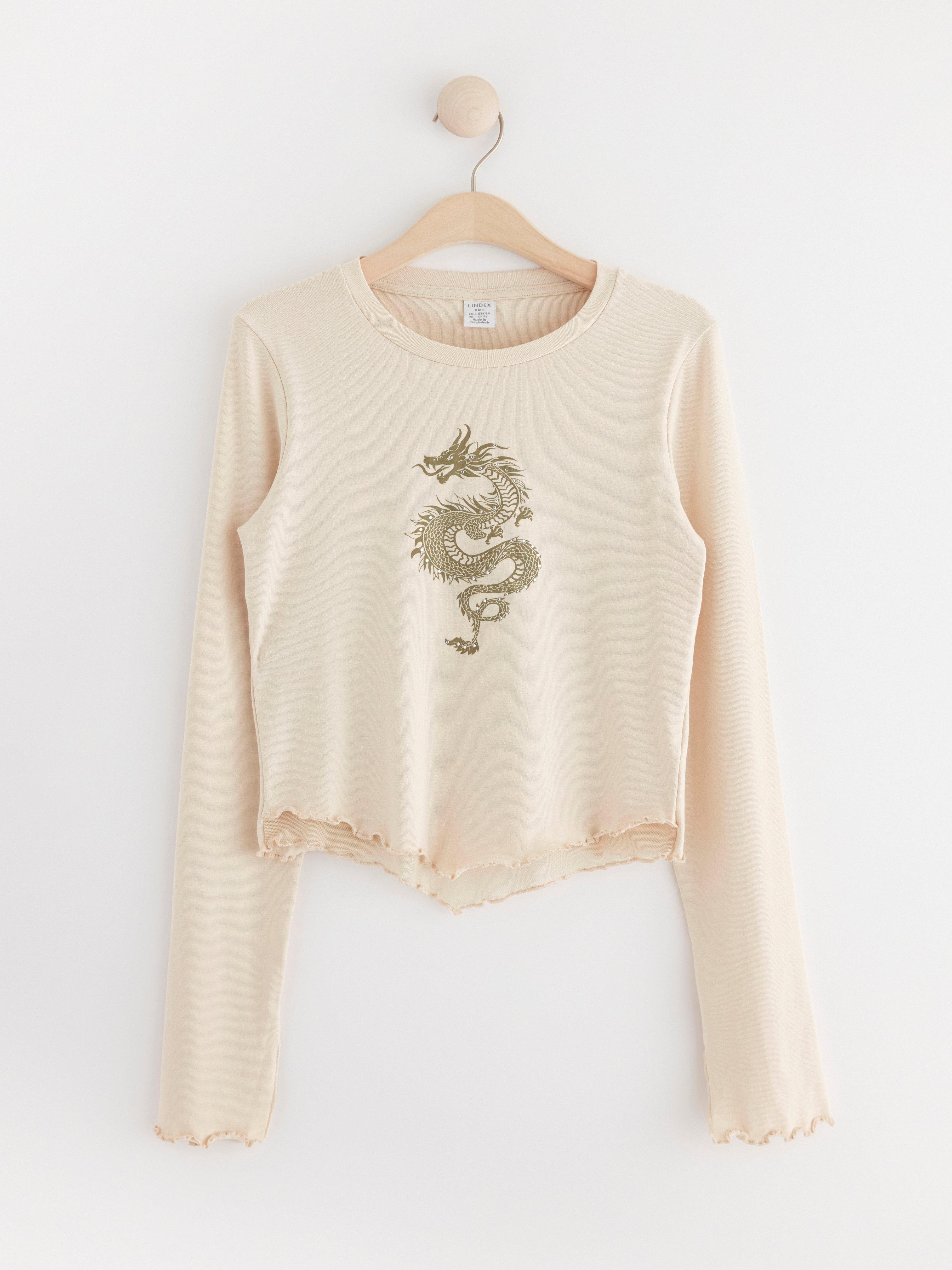 Long sleeve top with print and mesh Light Beige