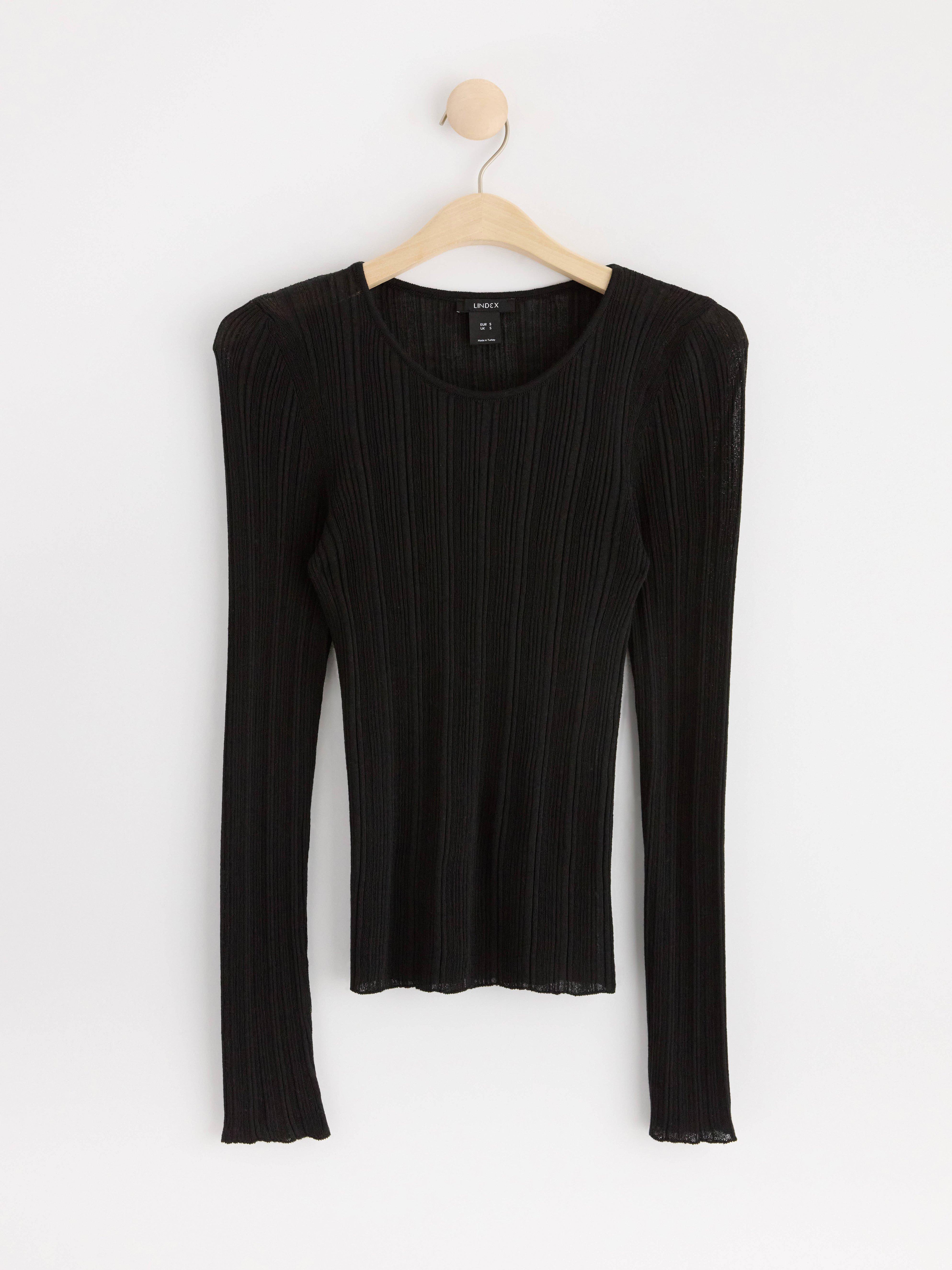 Rib-knit long sleeve top Black