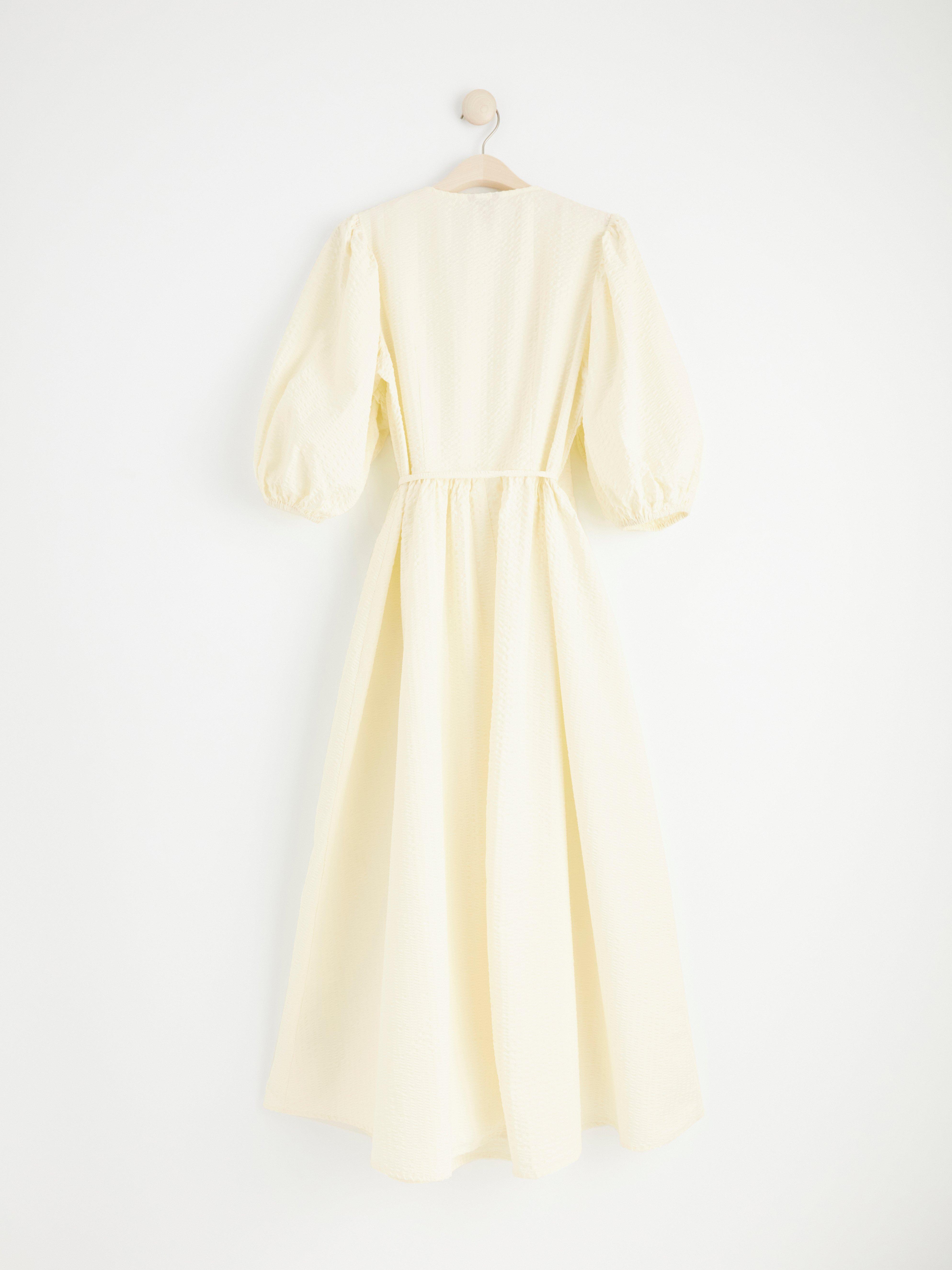Seersucker wrap dress with puff sleeves Off White