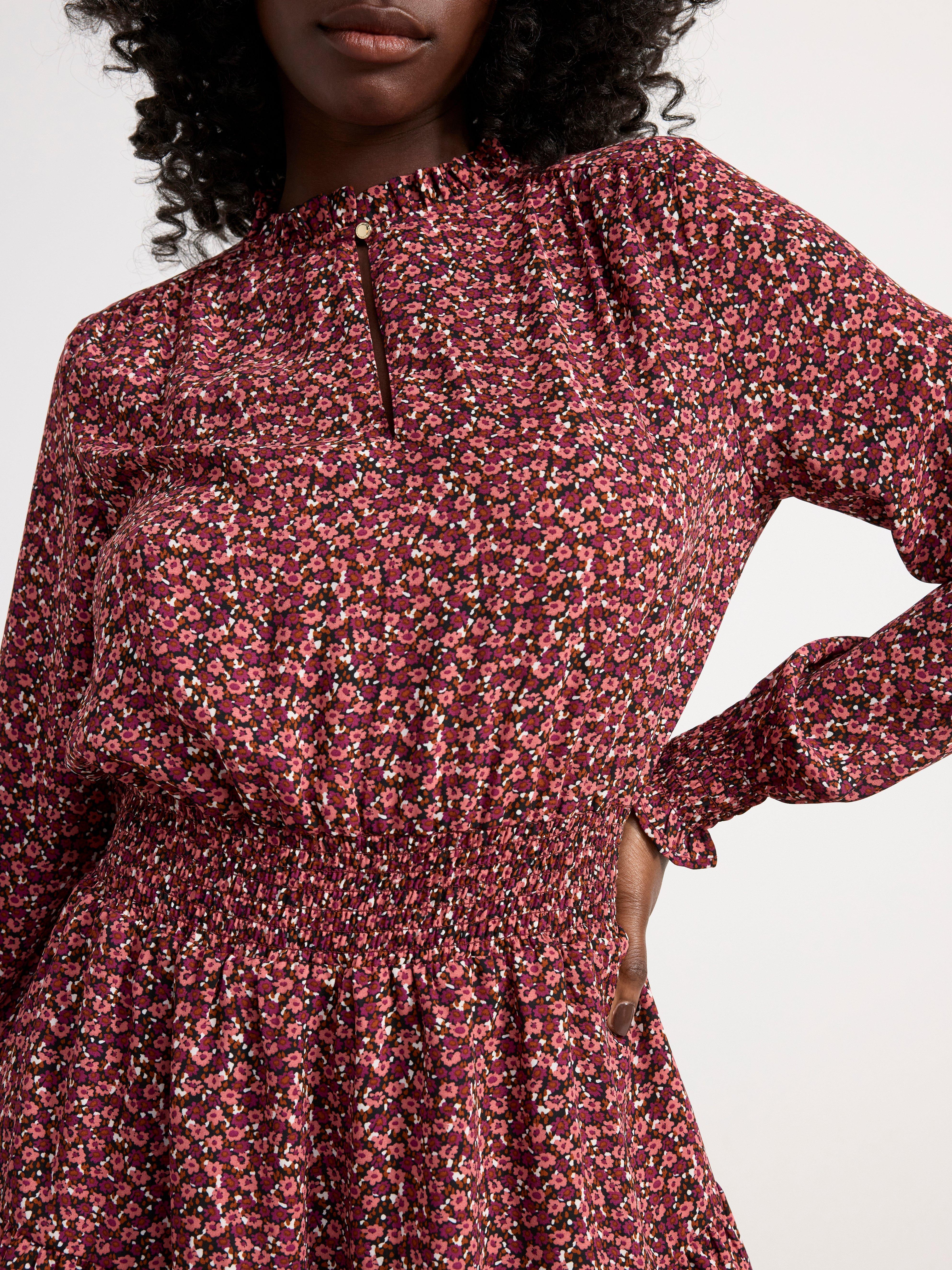 Patterned long sleeve dress with flounces Dark Pink