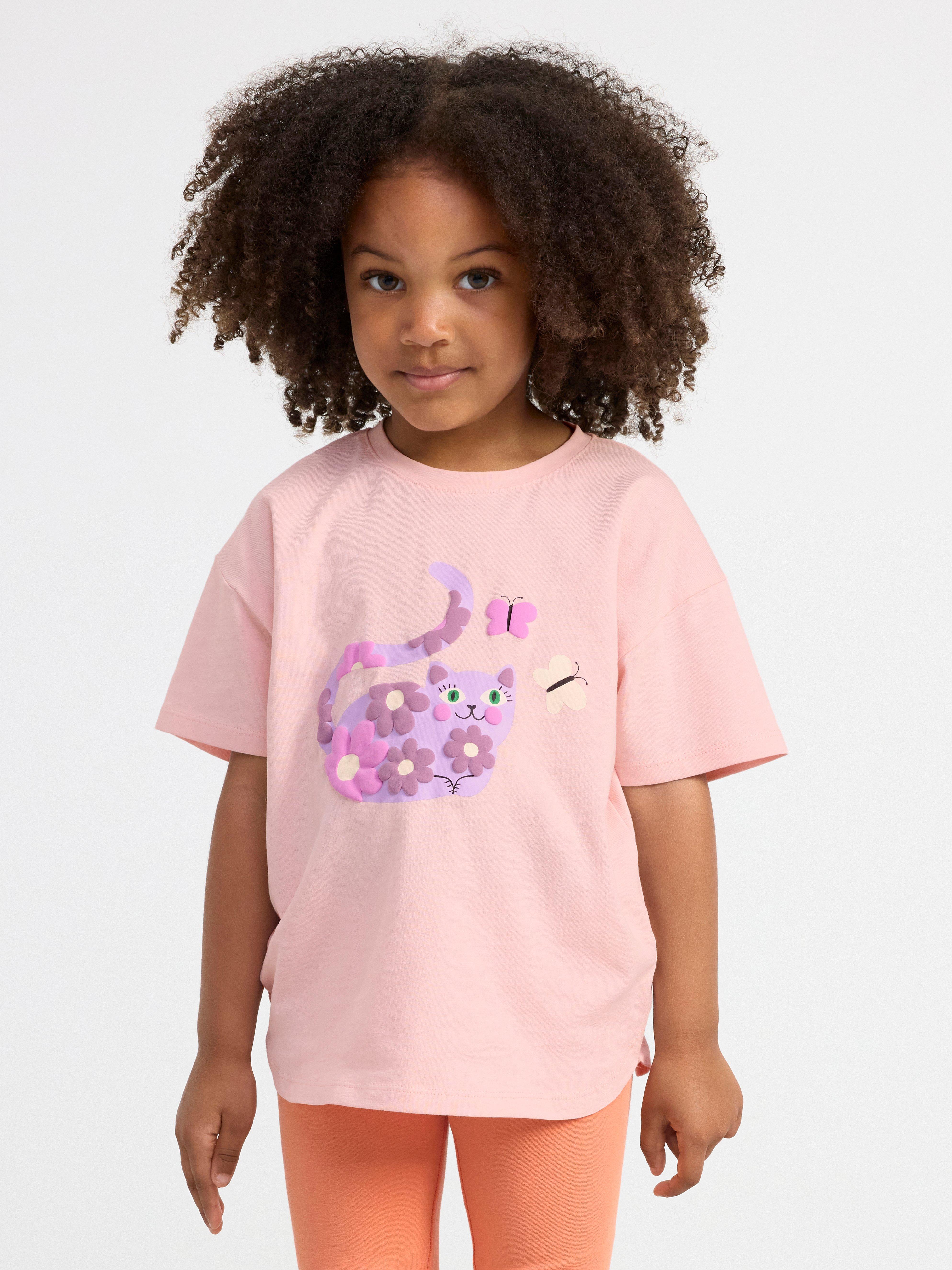 Oversize t-shirt with cat and flower print Light Dusty Pink