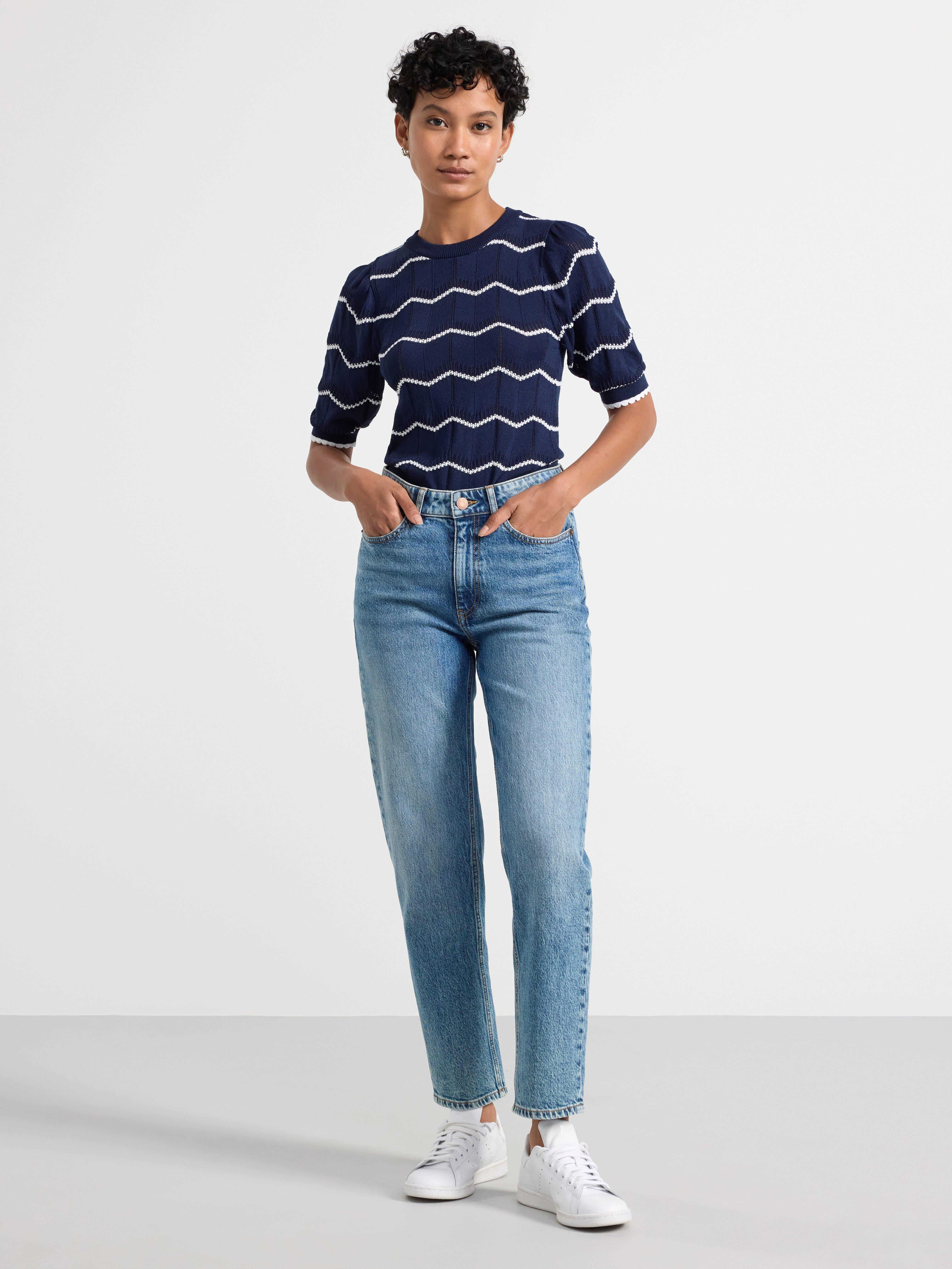 Pattern knitted striped short sleeve jumper Navy