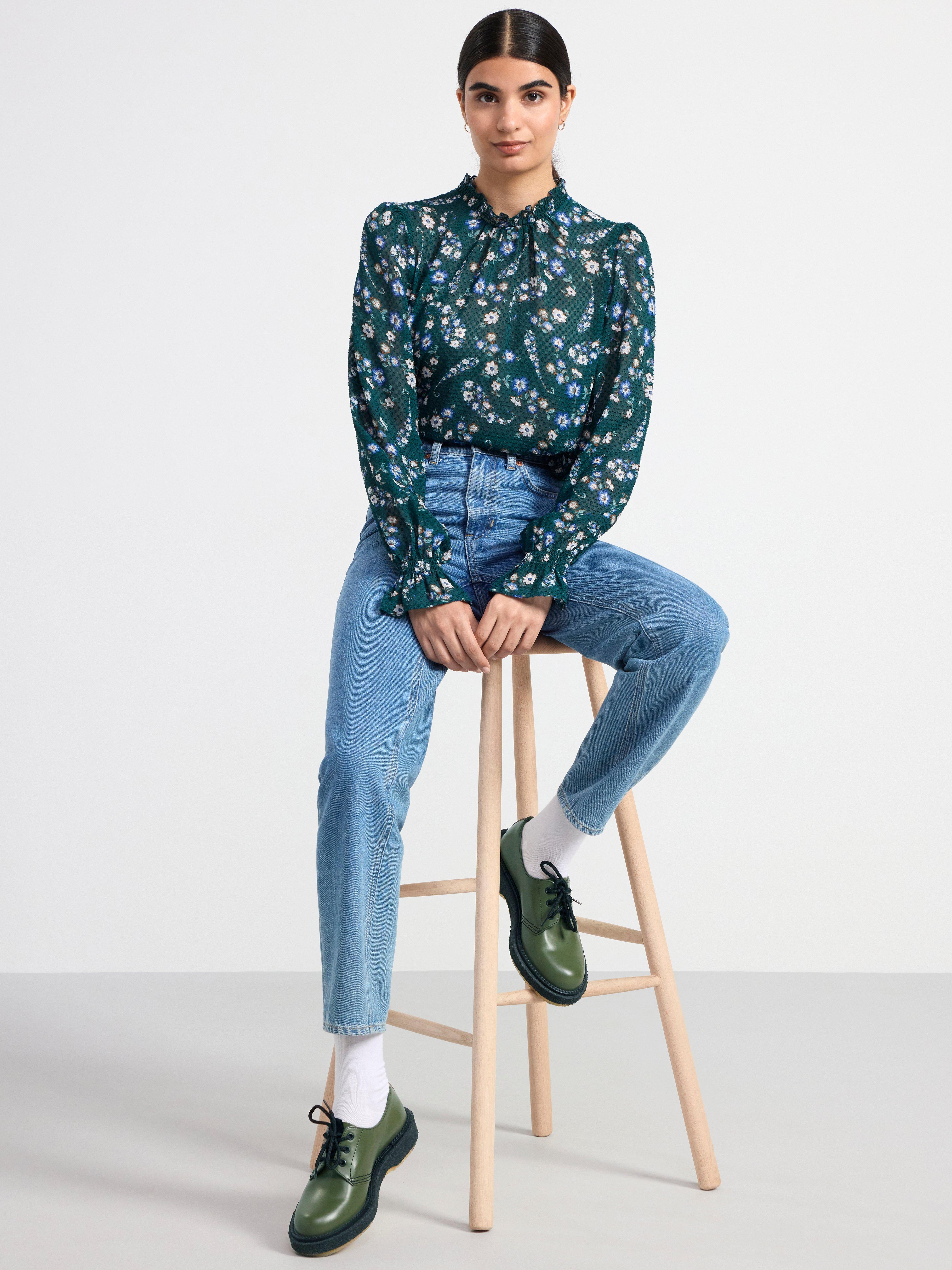Long sleeve textured blouse with pattern Dark Green