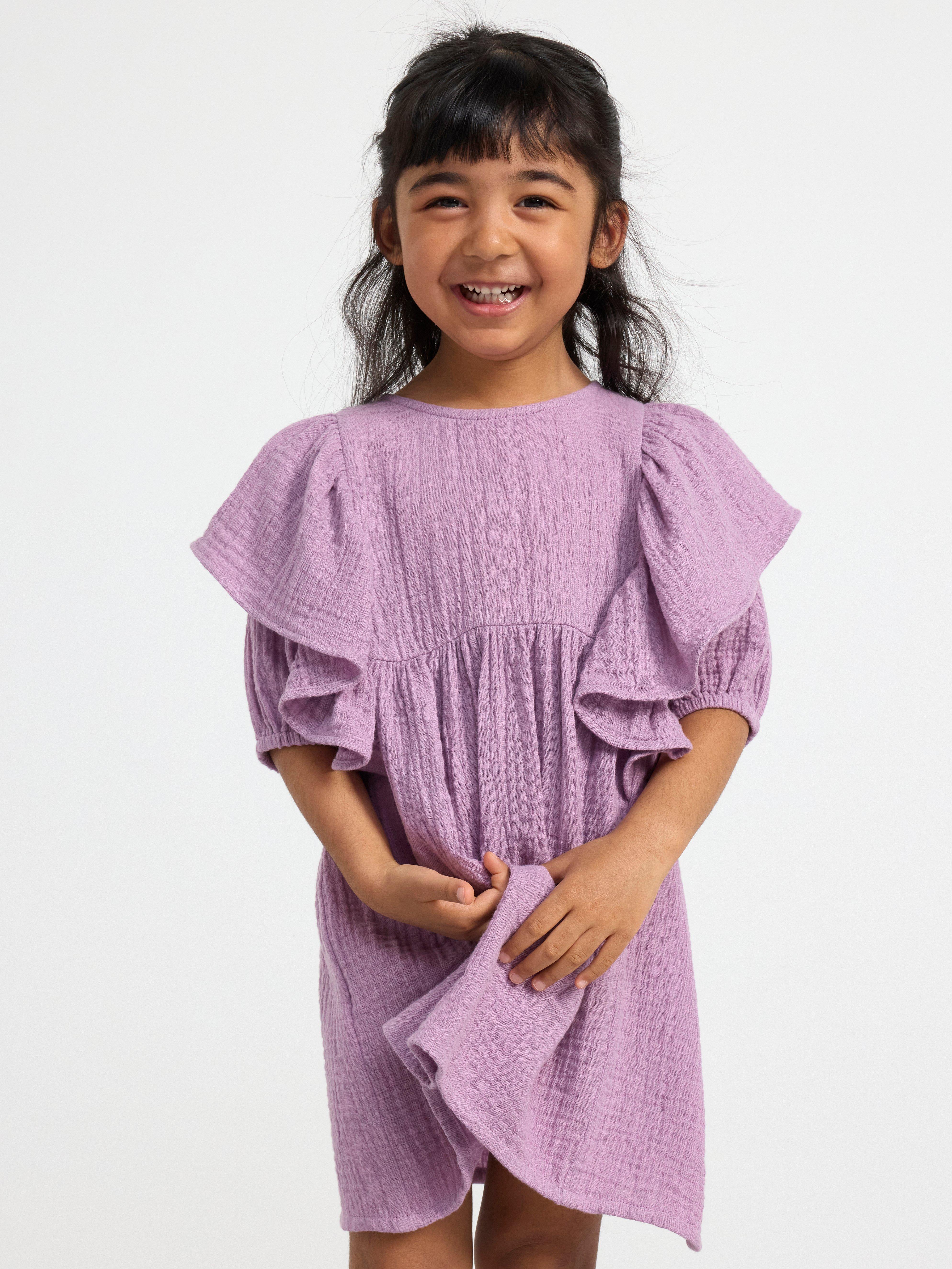 Short sleeve crinkled cotton dress Light Dusty Lilac