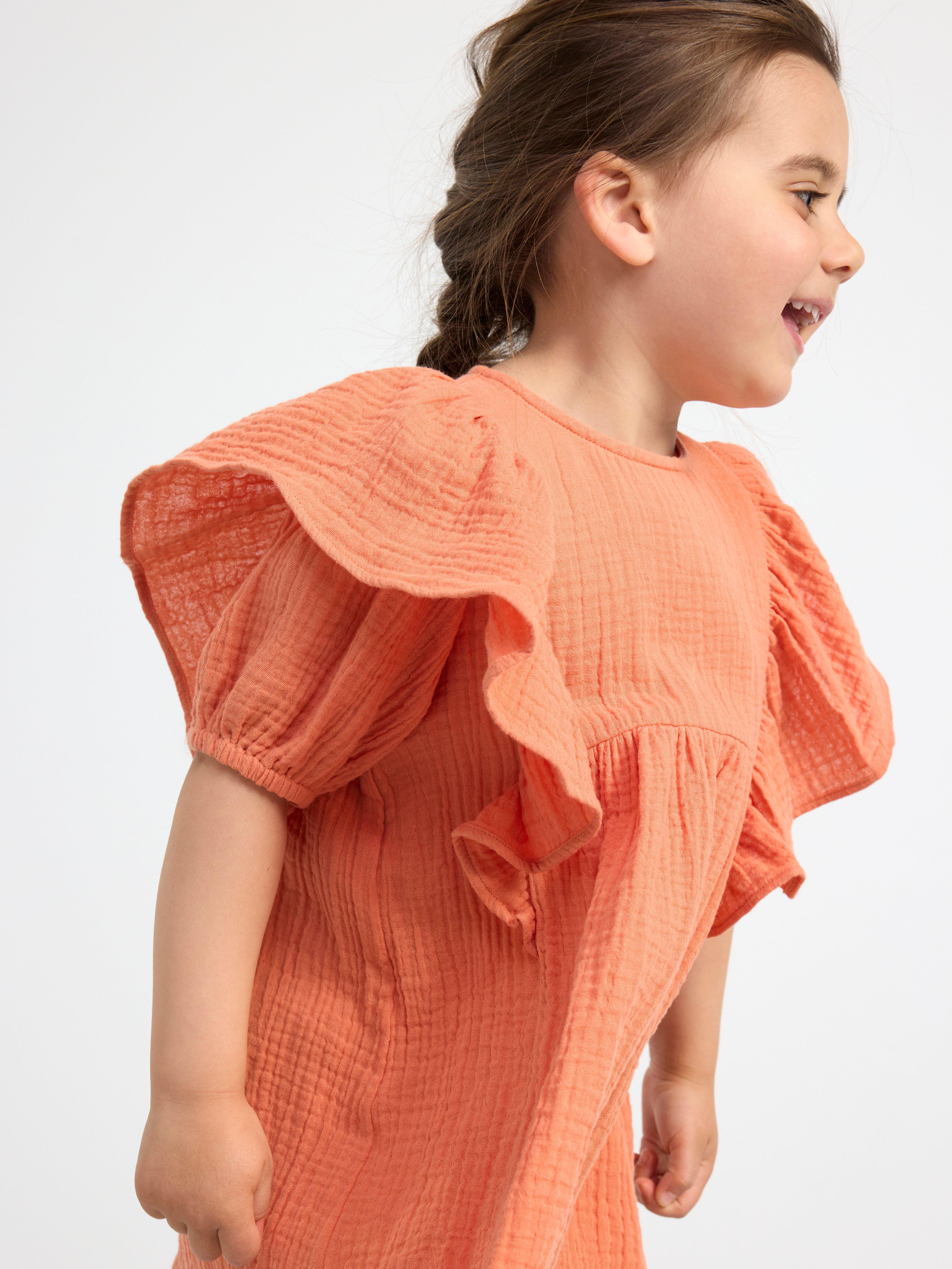 Short sleeve crinkled cotton dress Light Dusty Orange