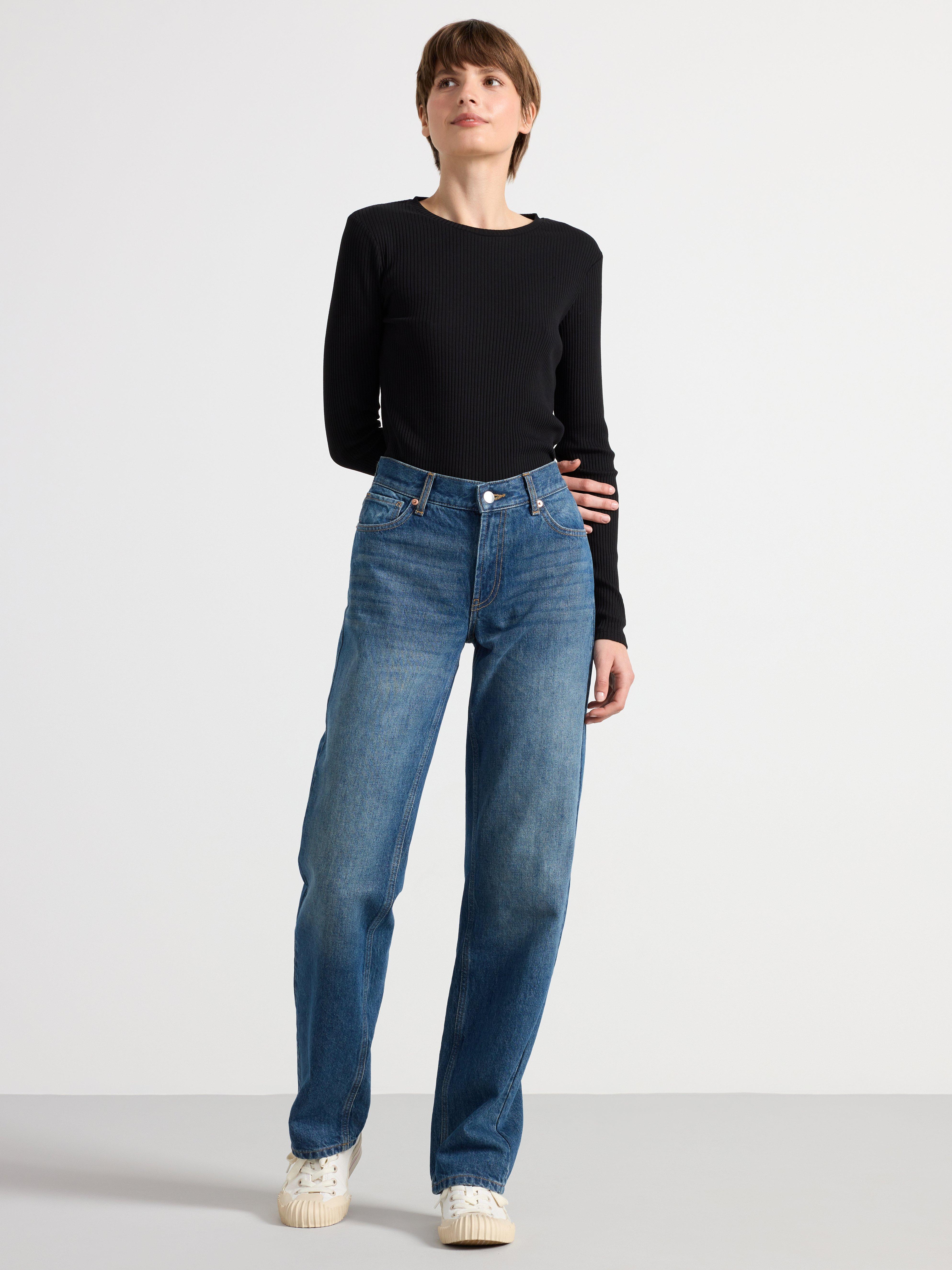 Rib-knitted long sleeve top Black