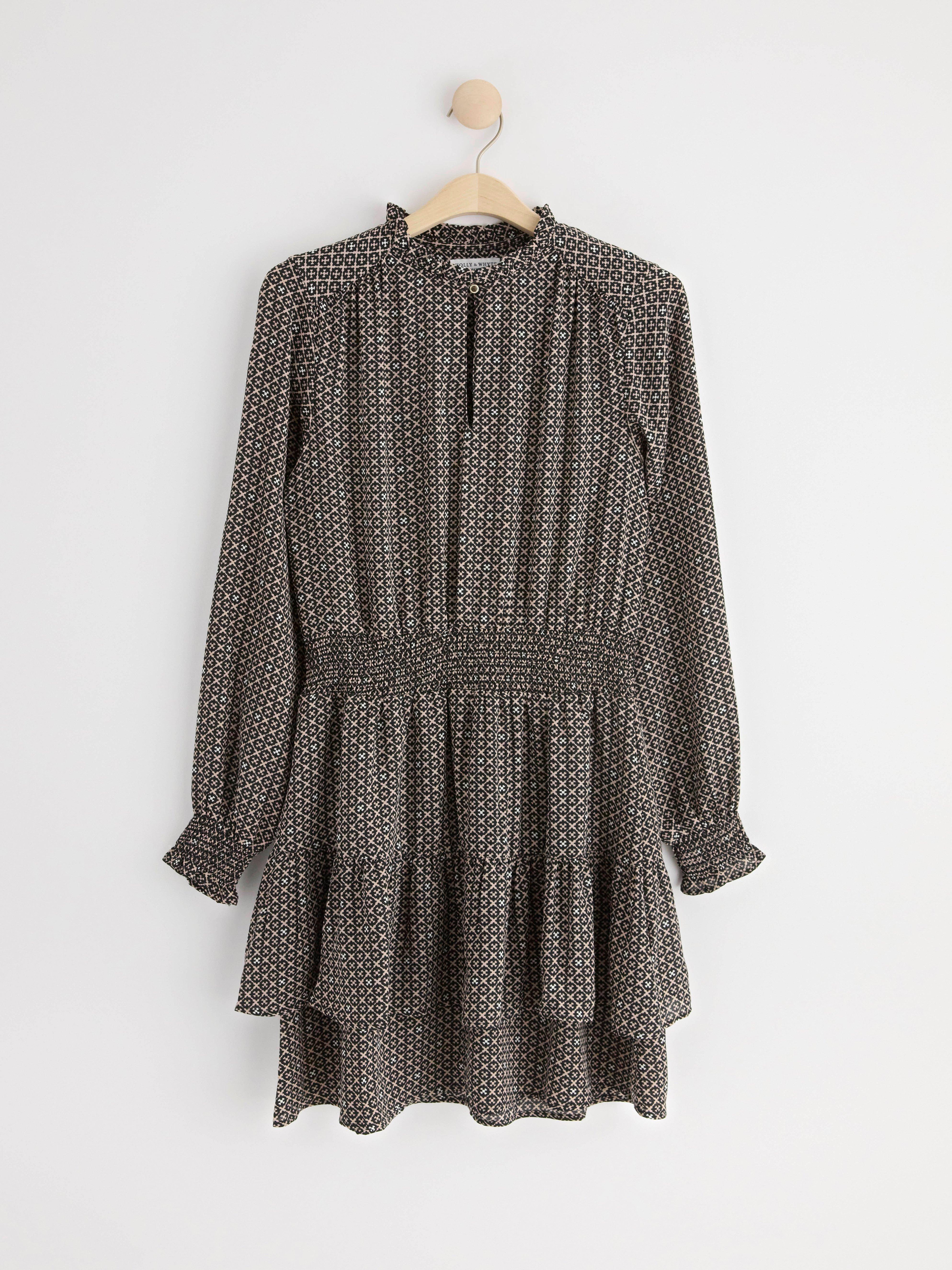 Patterned long sleeve dress with flounces Black