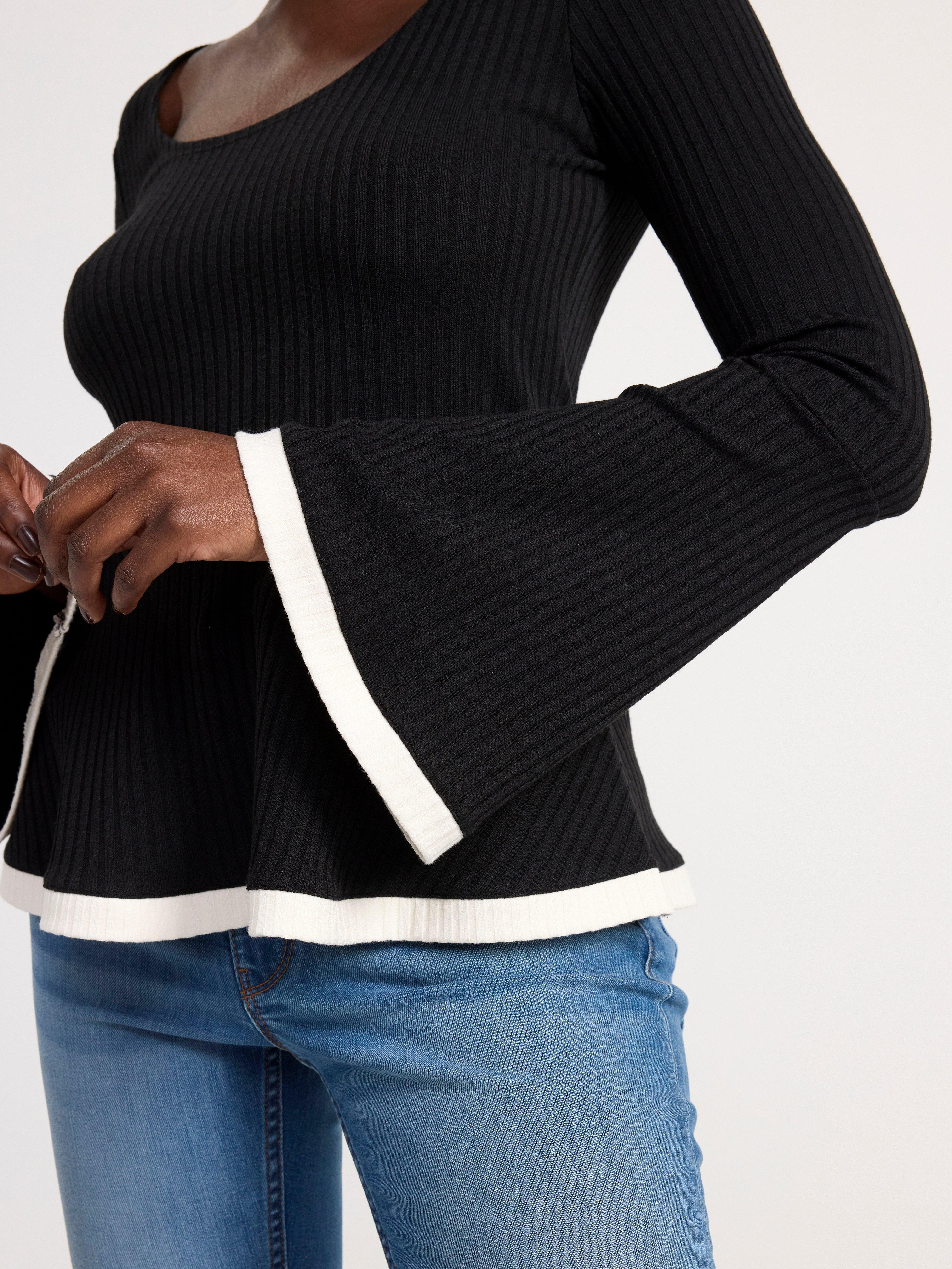 Ribbed long sleeve peplum top Black