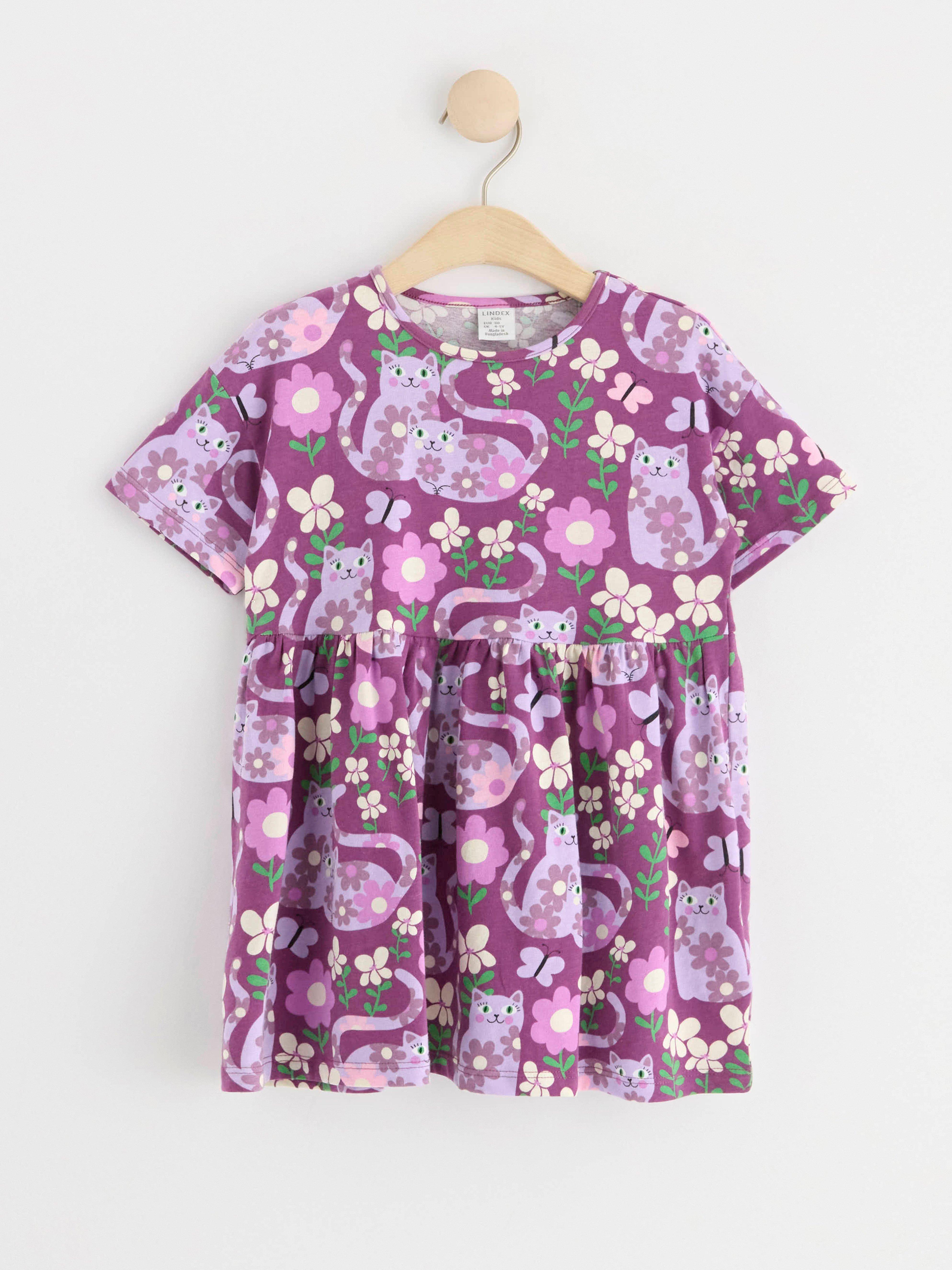 Short sleeve dress with cats and flowers LILAC