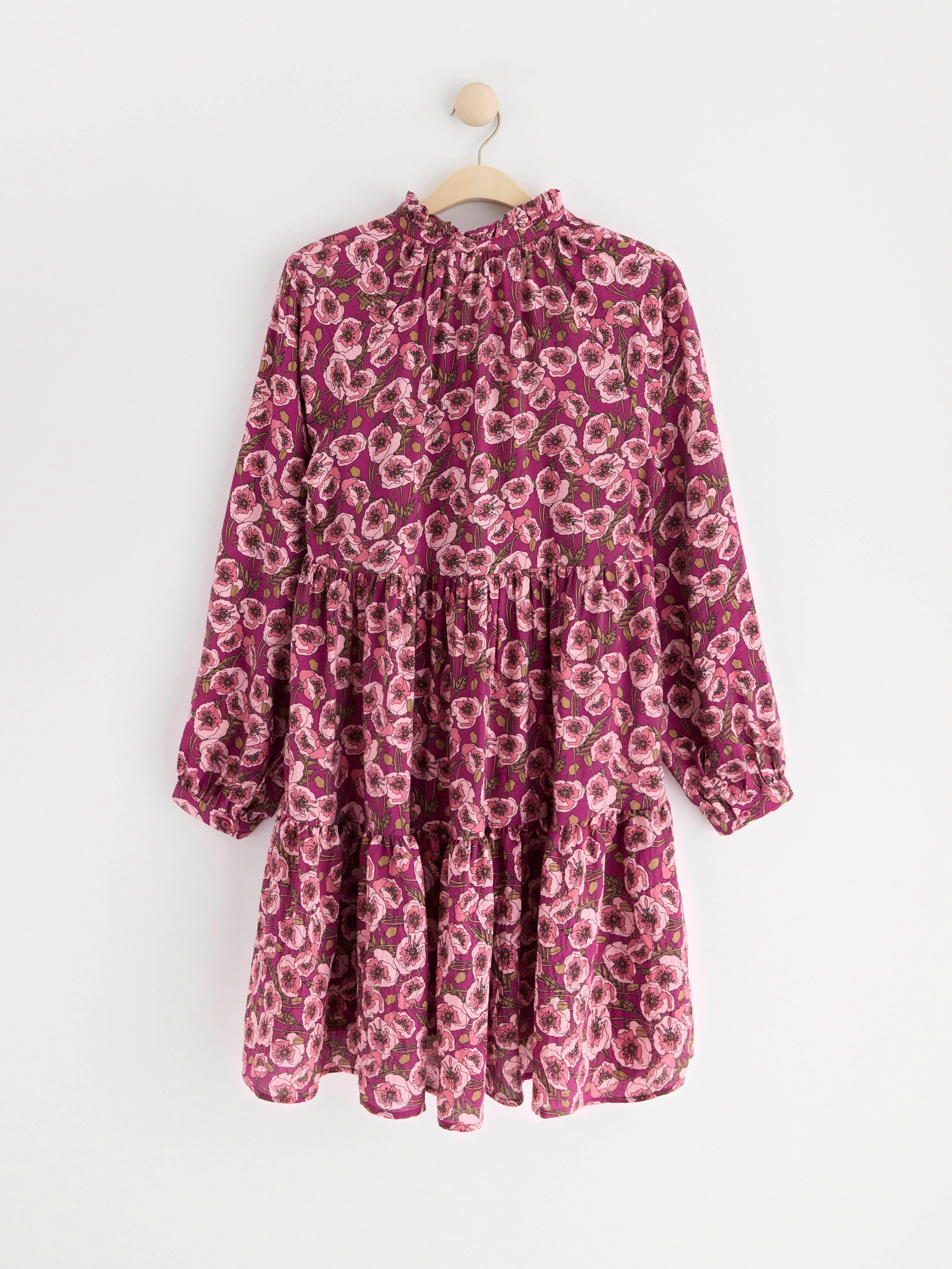Tiered long sleeve dress Dark Pink