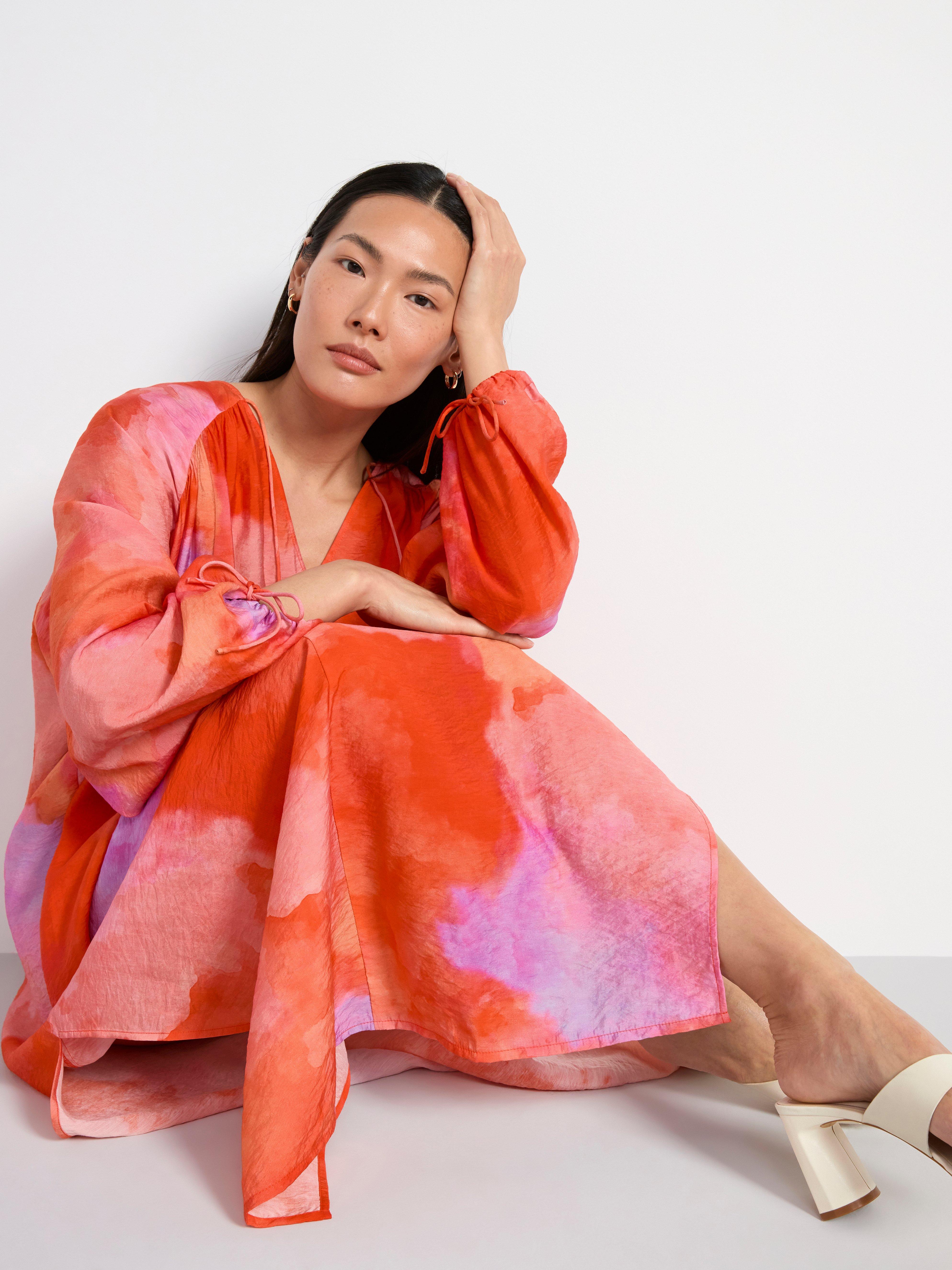 Patterned long sleeve kaftan dress pink