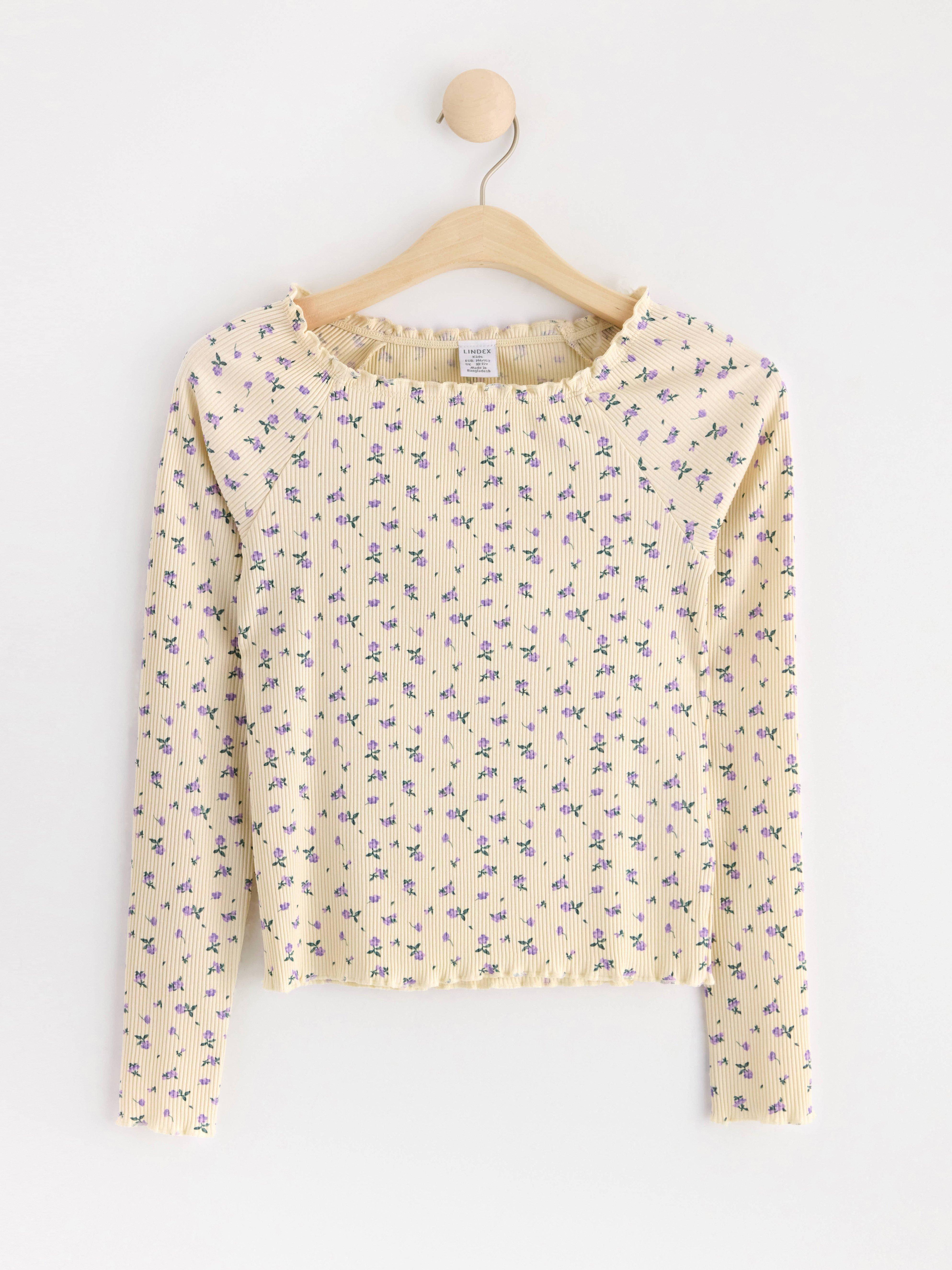 Ribbed long sleeve top with flowers Light Beige