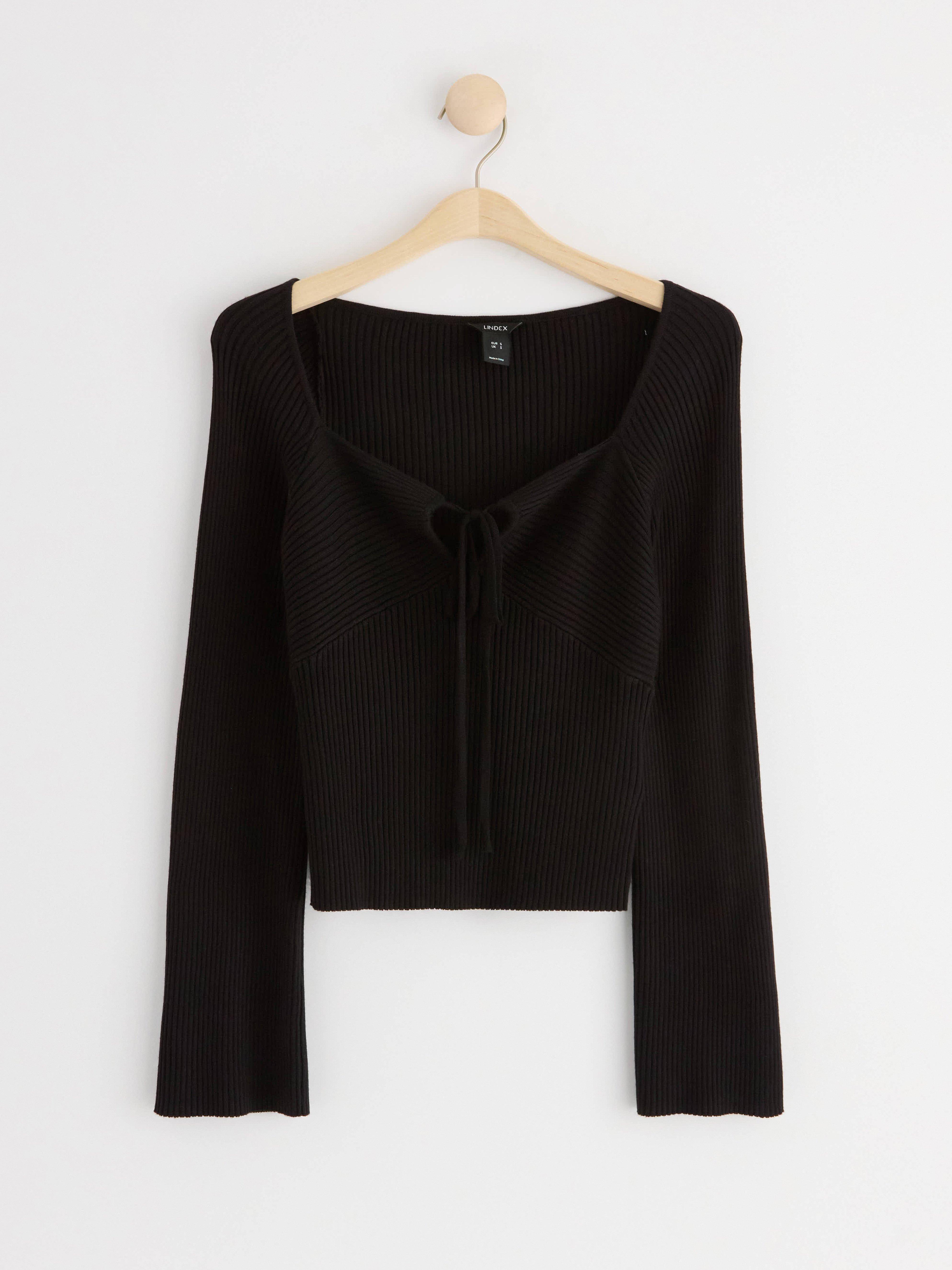 Ribbed knitted long sleeve top Black