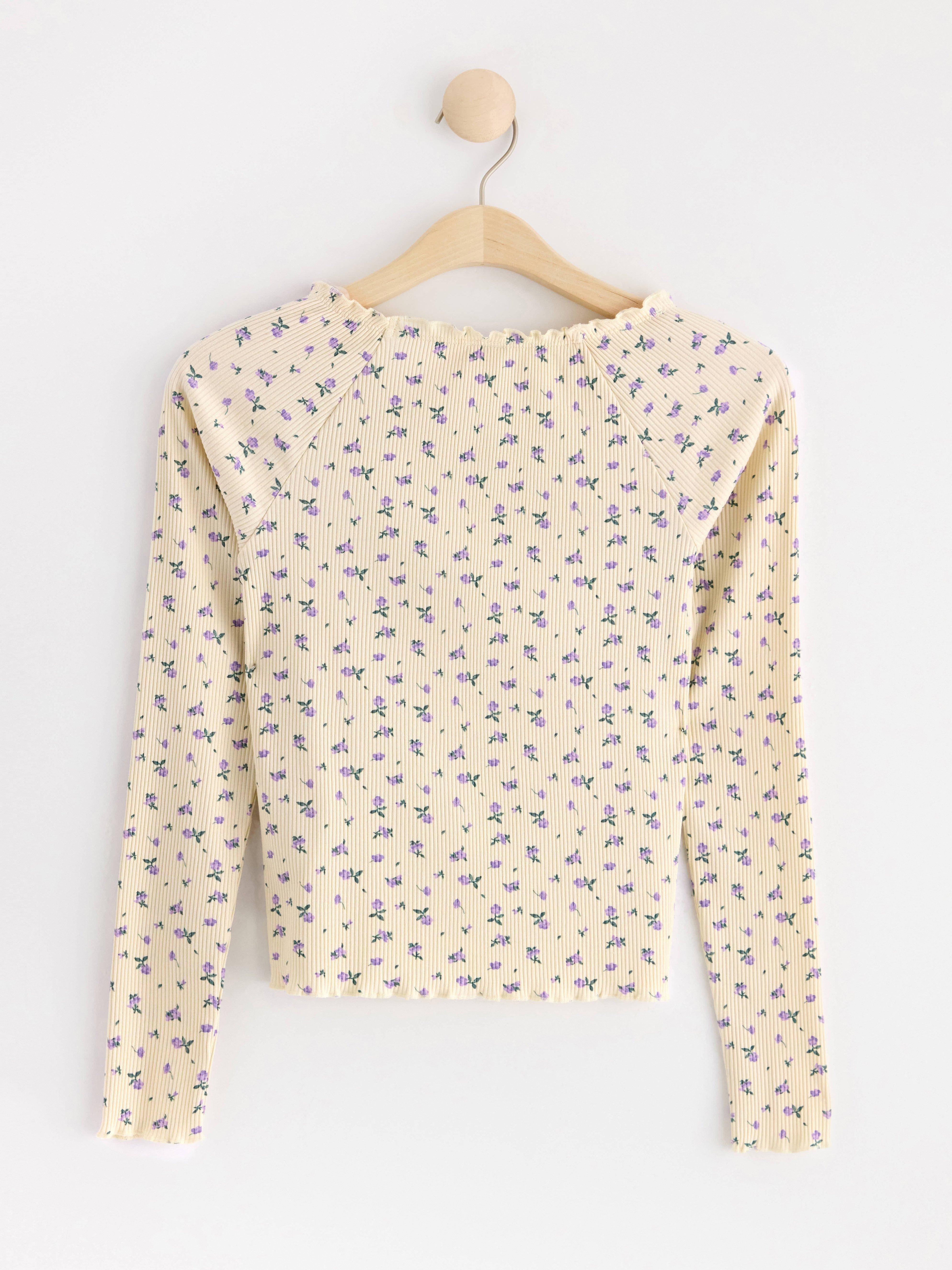 Ribbed long sleeve top with flowers Light Beige