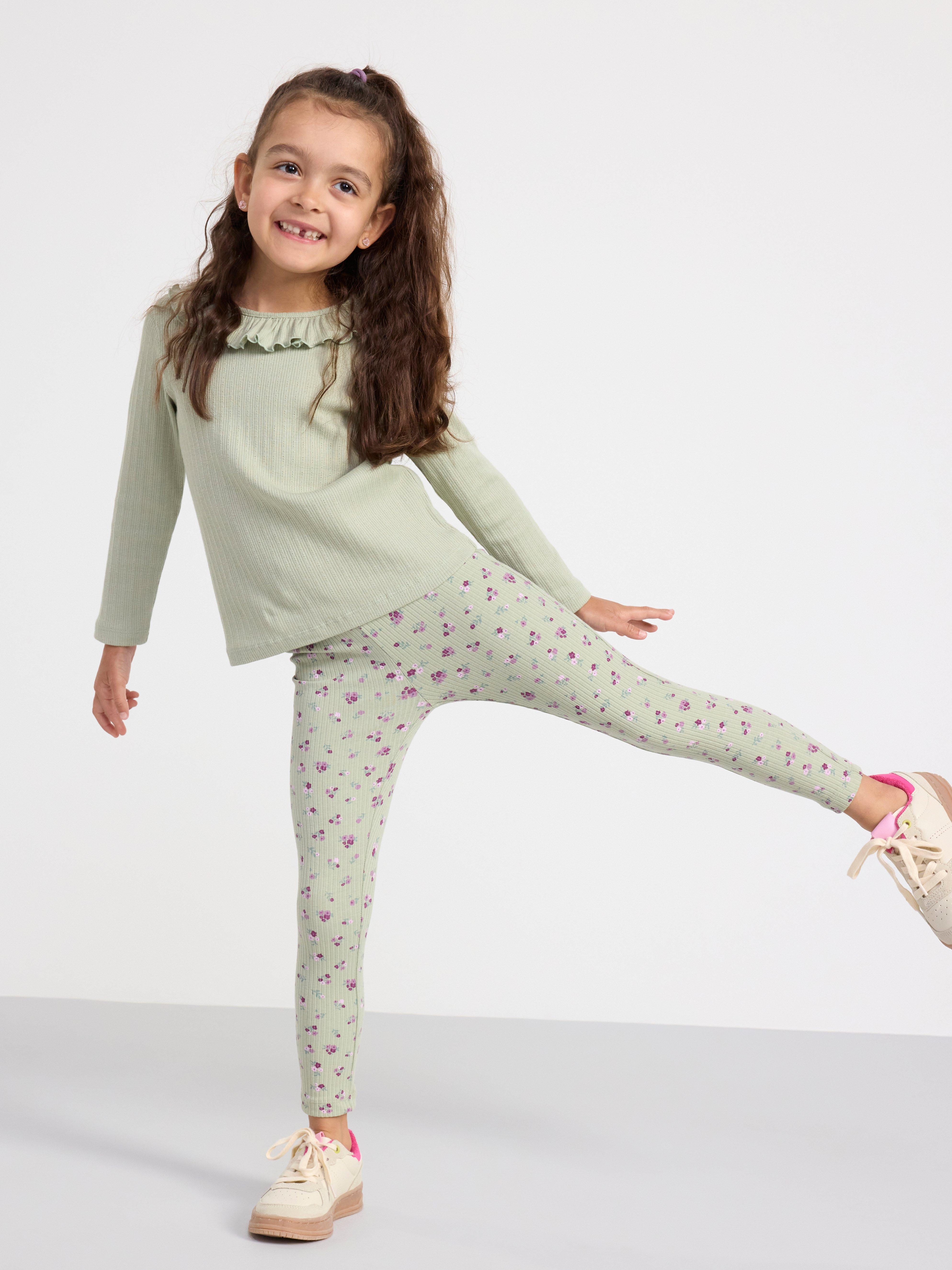 Leggings ribbed with flowers Dusty Green