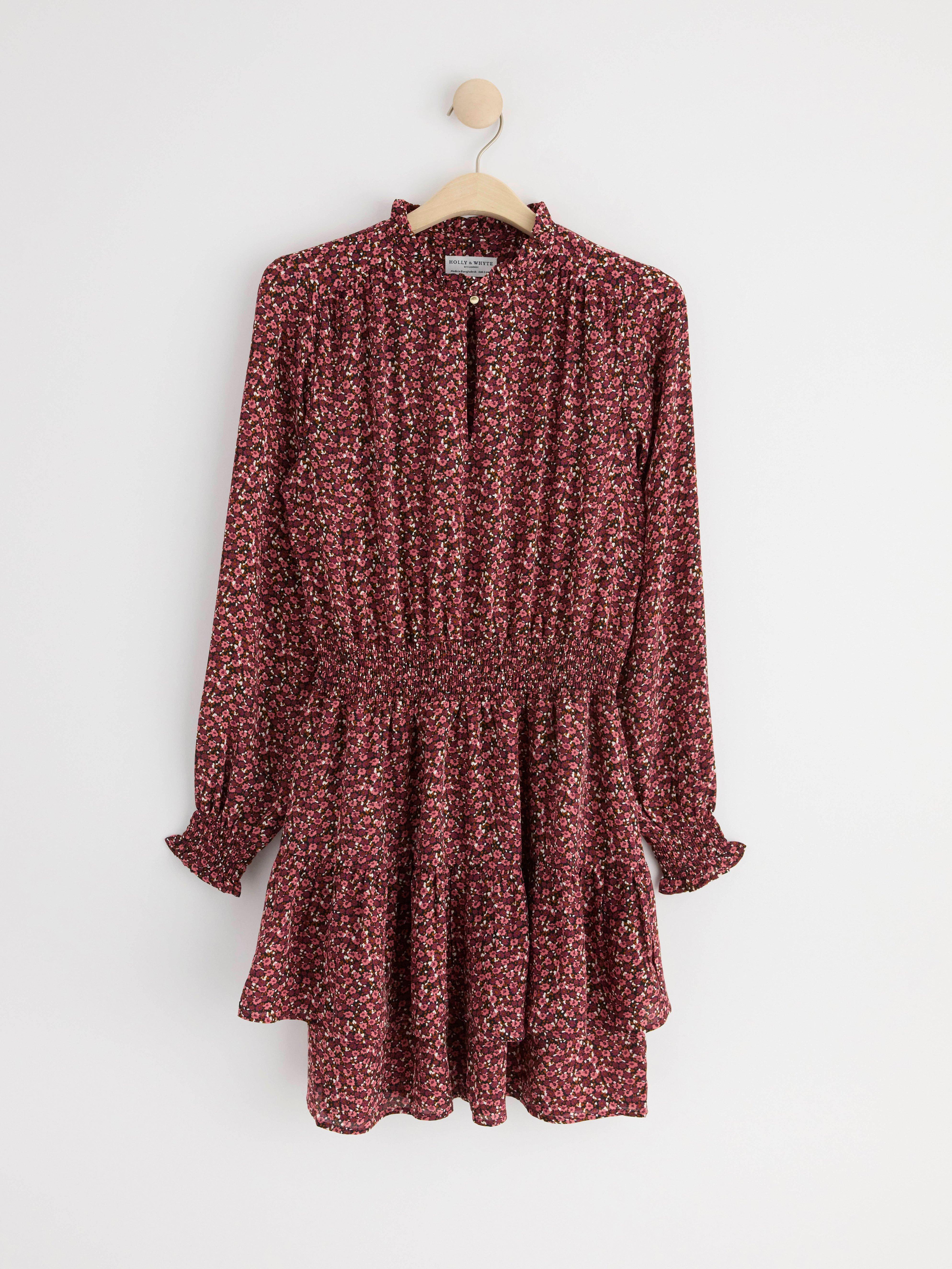 Patterned long sleeve dress with flounces Dark Pink
