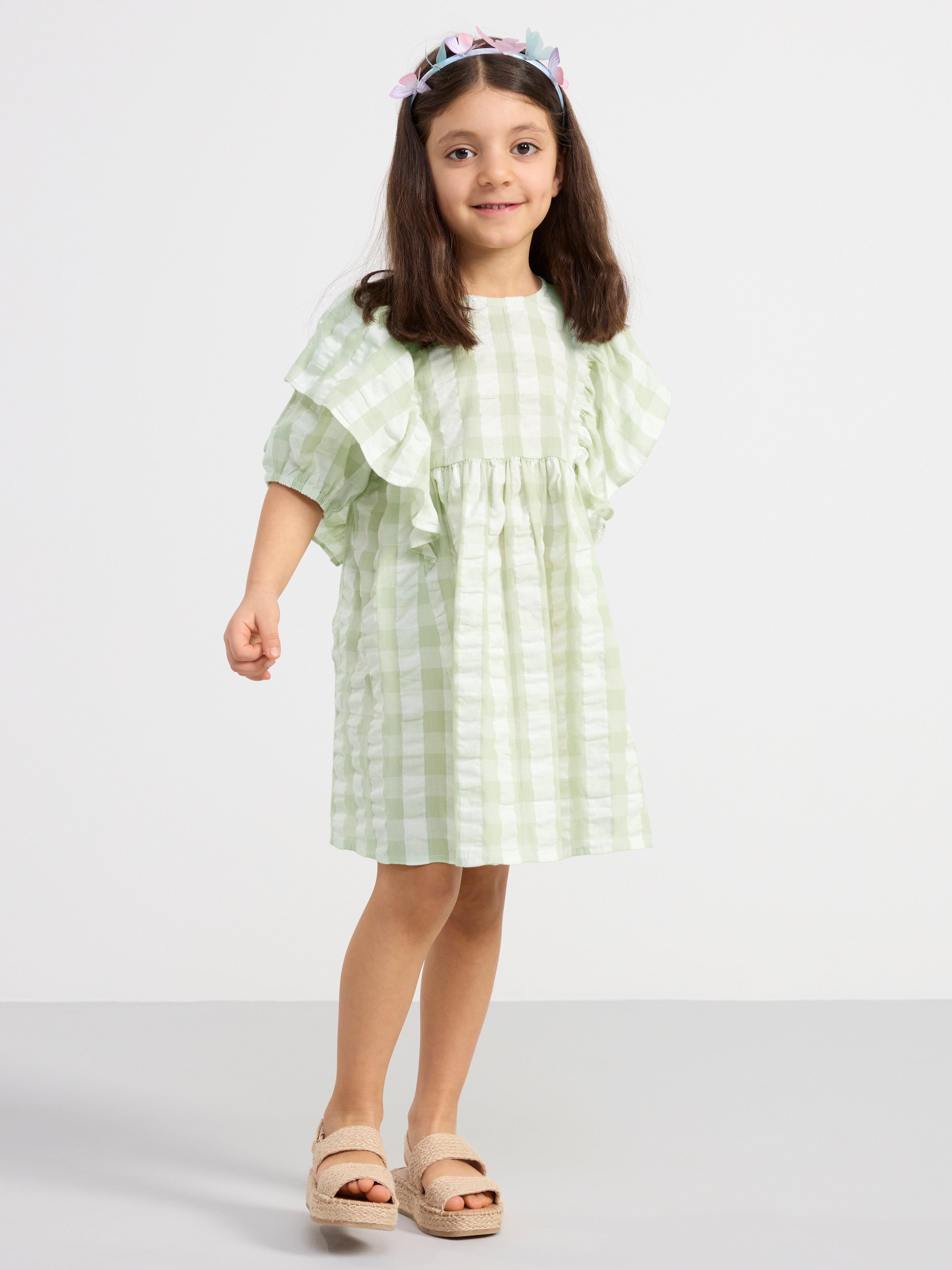Short sleeve checked seersucker dress Light Dusty Aqua