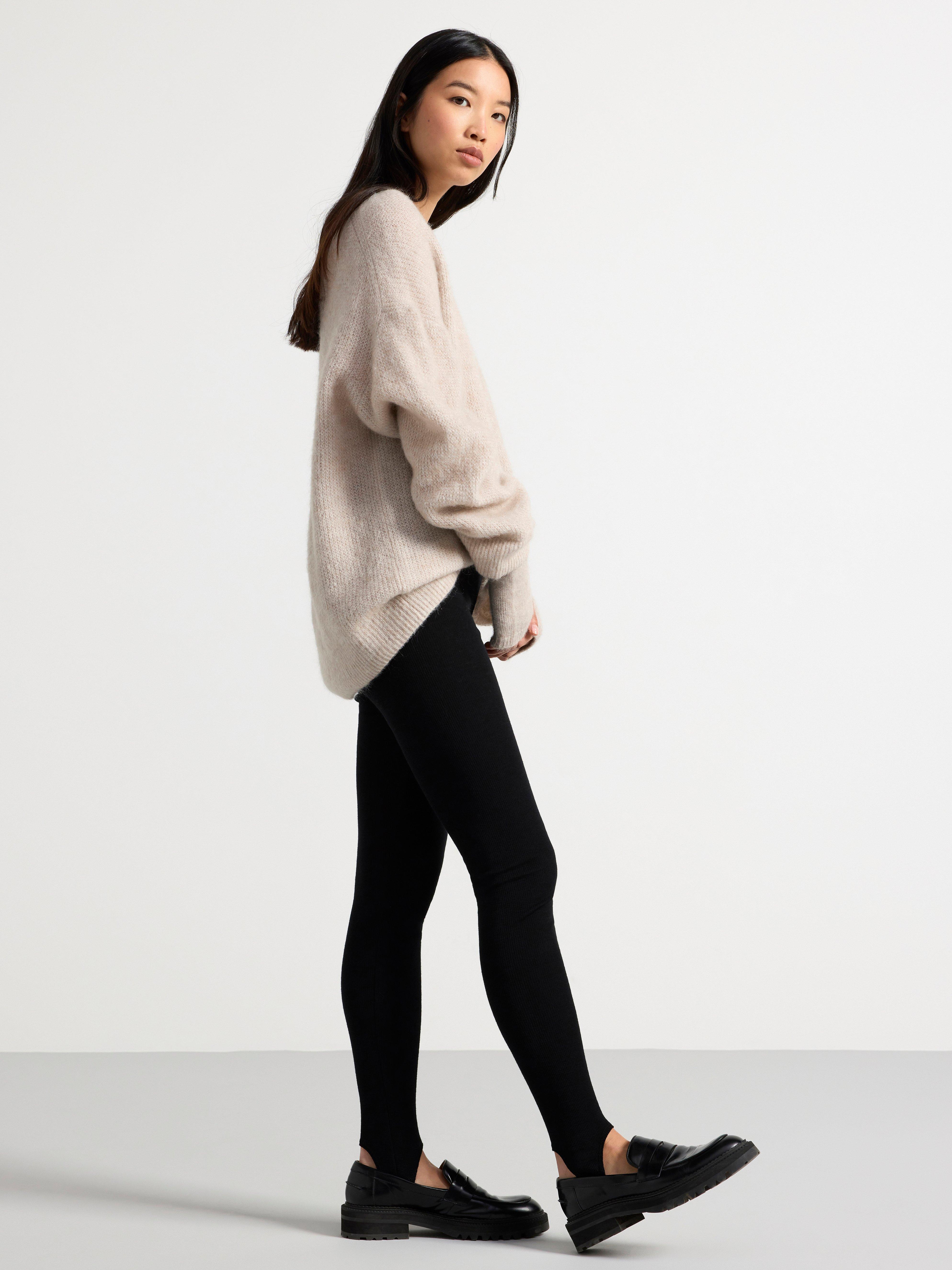 Ribbed merino wool leggings with stirrups Black