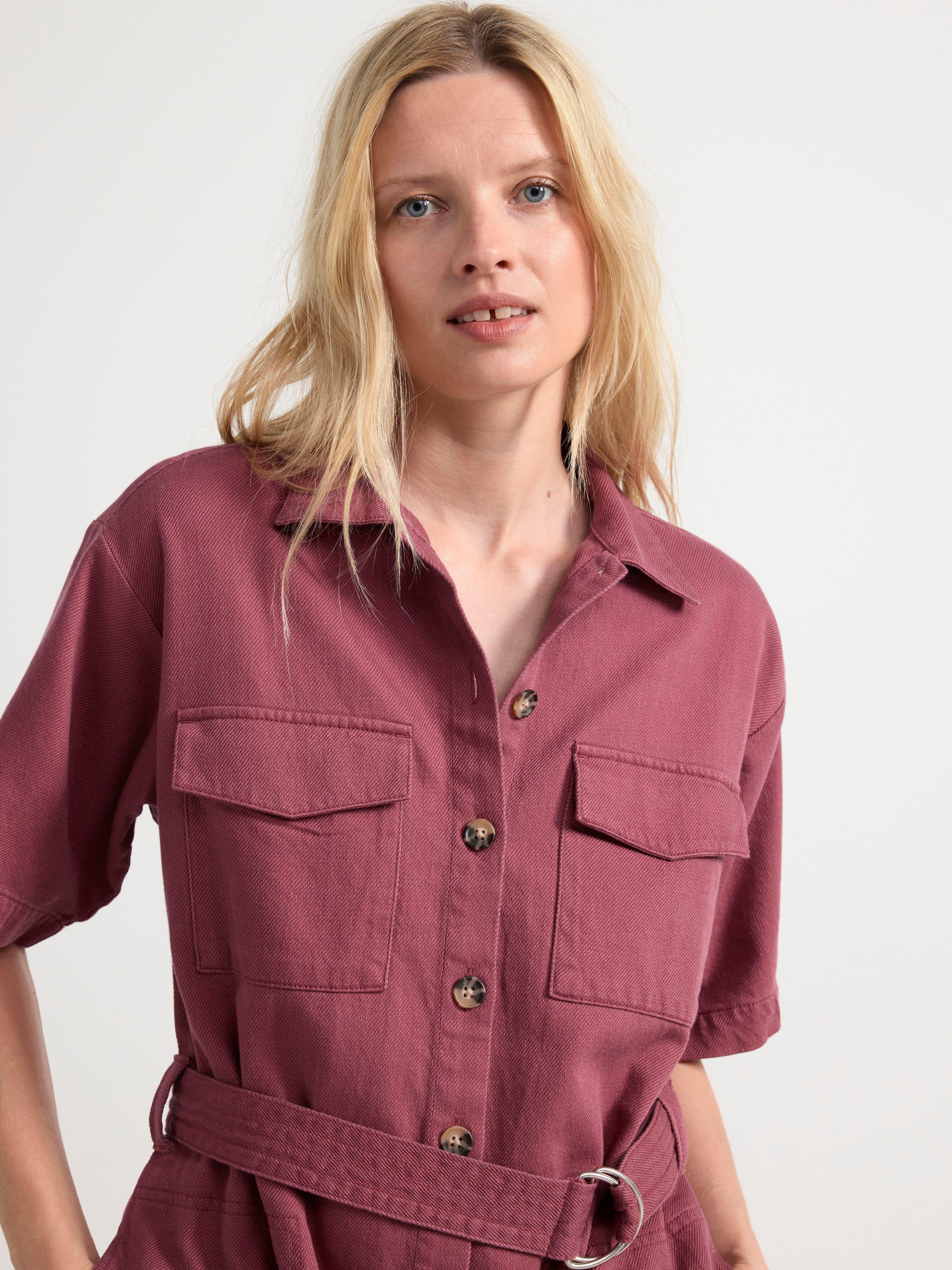 Shirt dress with pockets and belt to waist pink