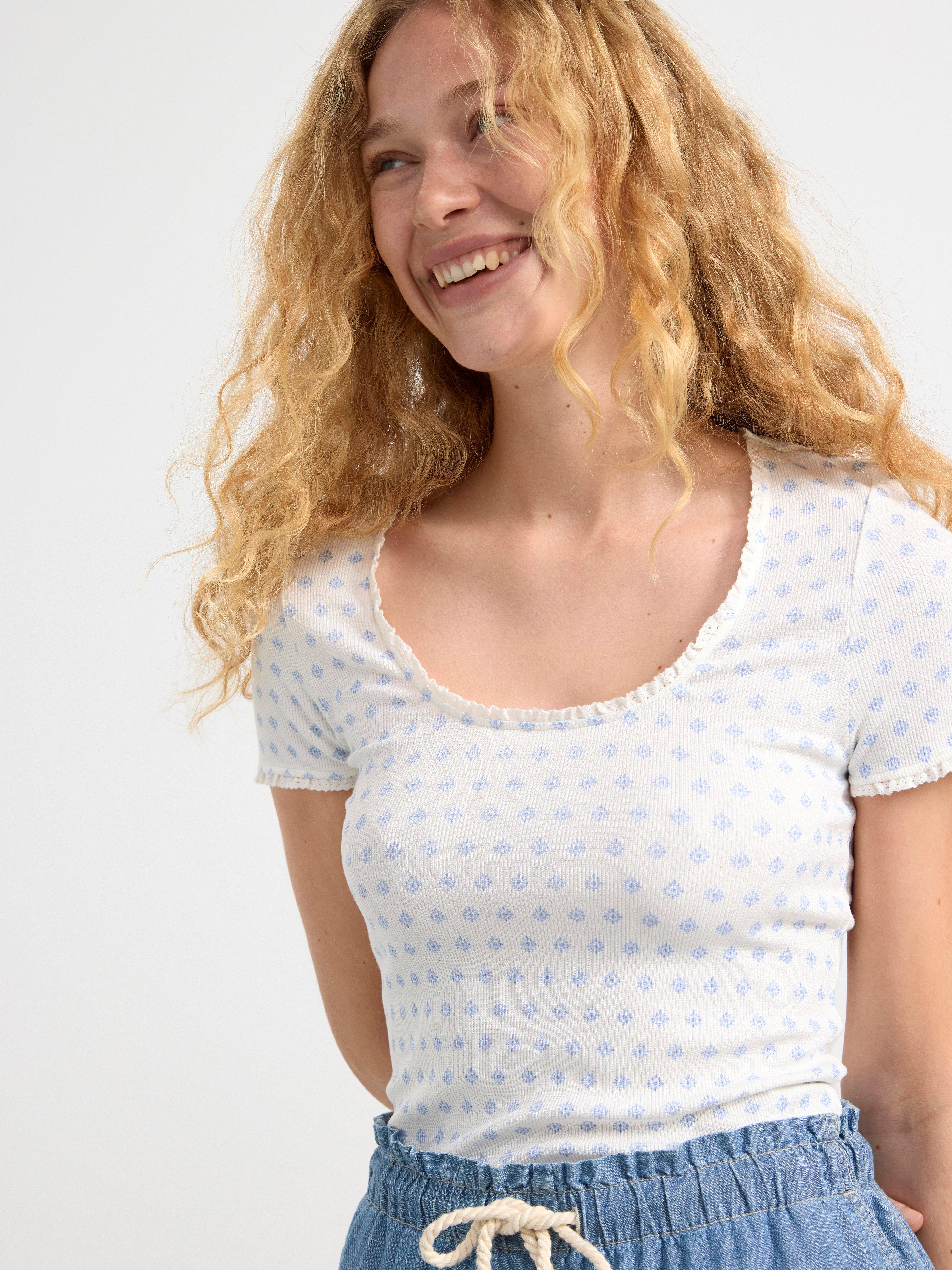 Ribbed top with flowers Off White