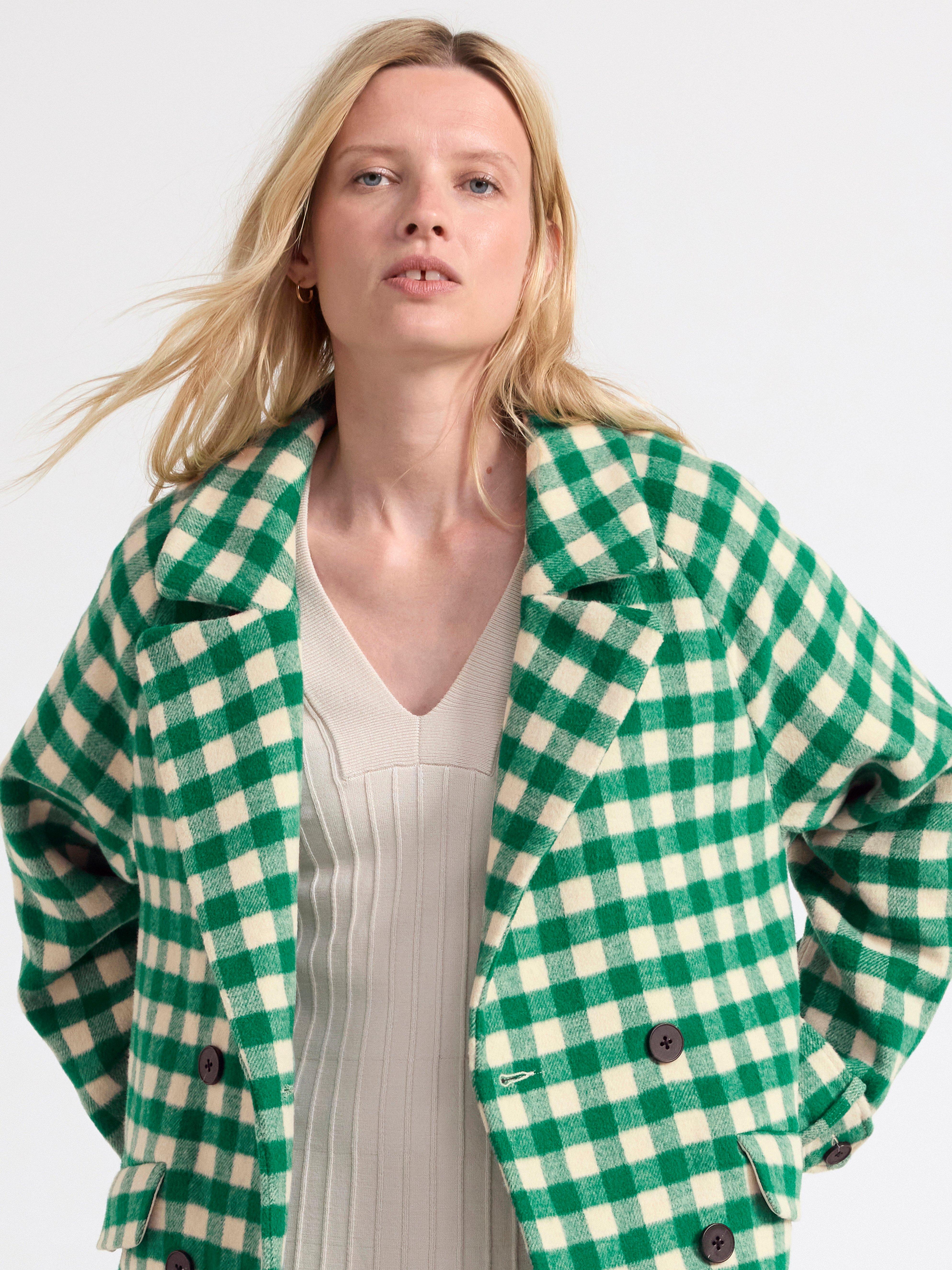 Coat checked double-breasted Green