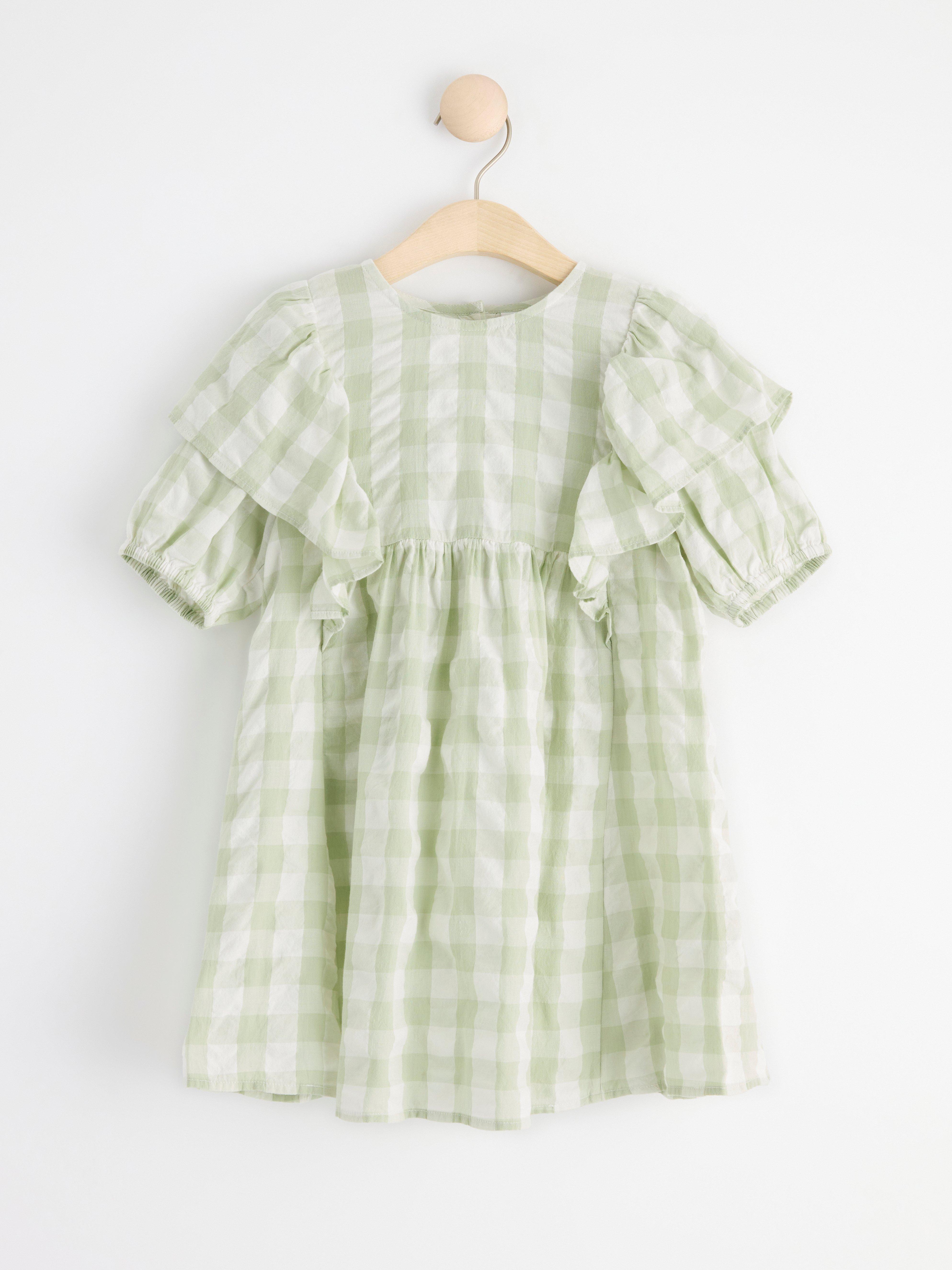 Short sleeve checked seersucker dress Light Dusty Aqua