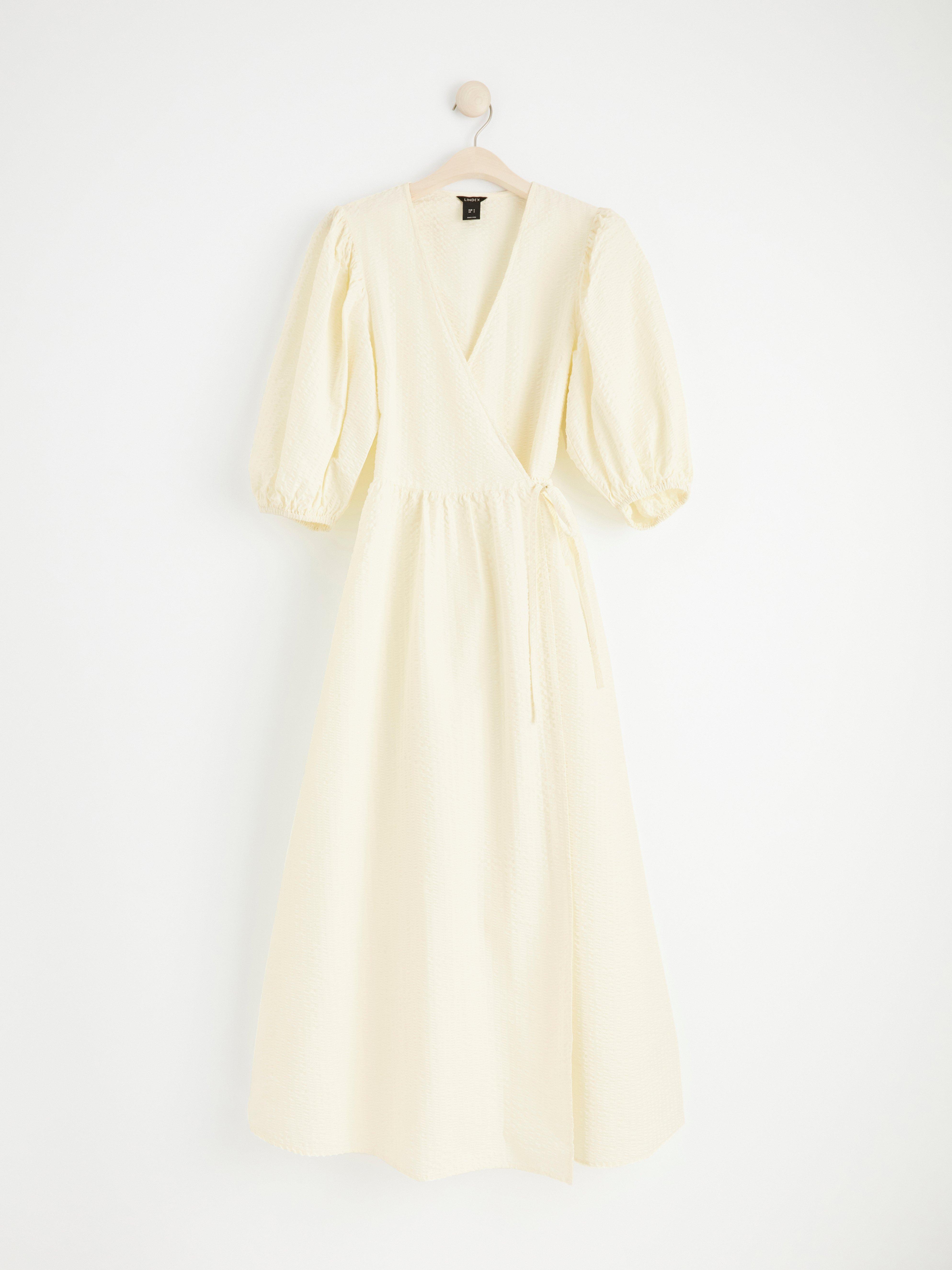 Seersucker wrap dress with puff sleeves Off White