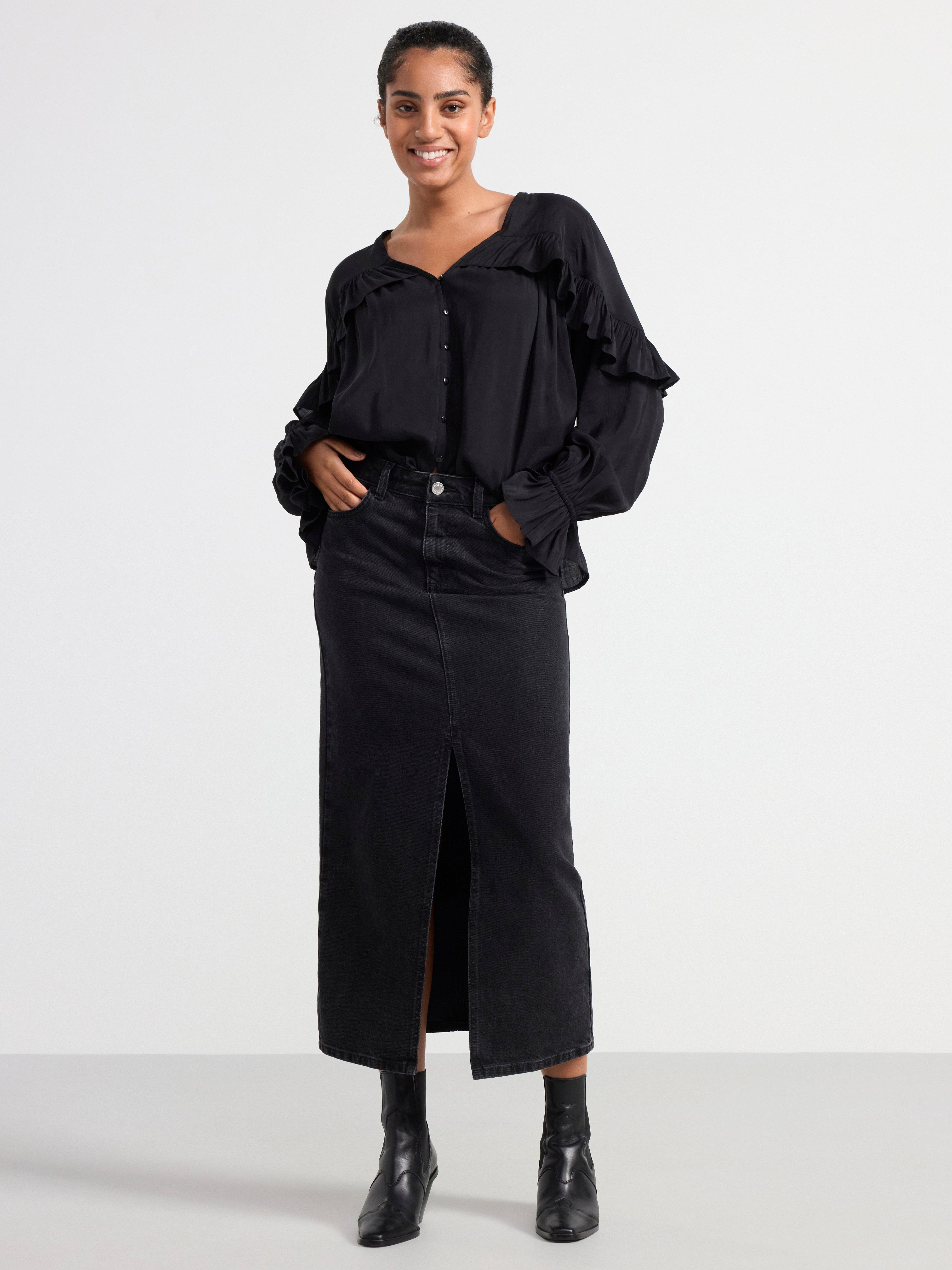Long sleeve frill blouse Black