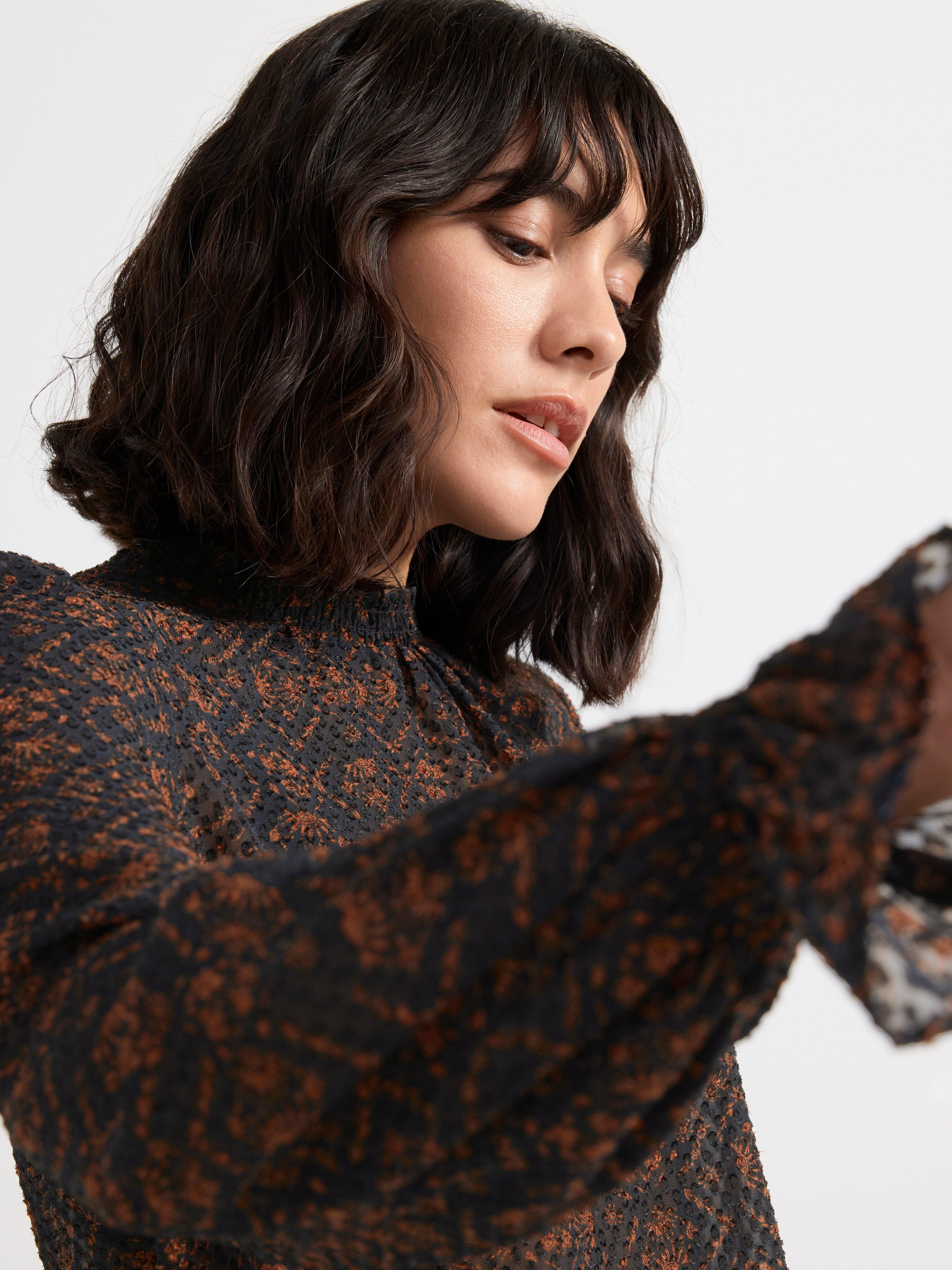 Long sleeve textured blouse with pattern Dark Navy