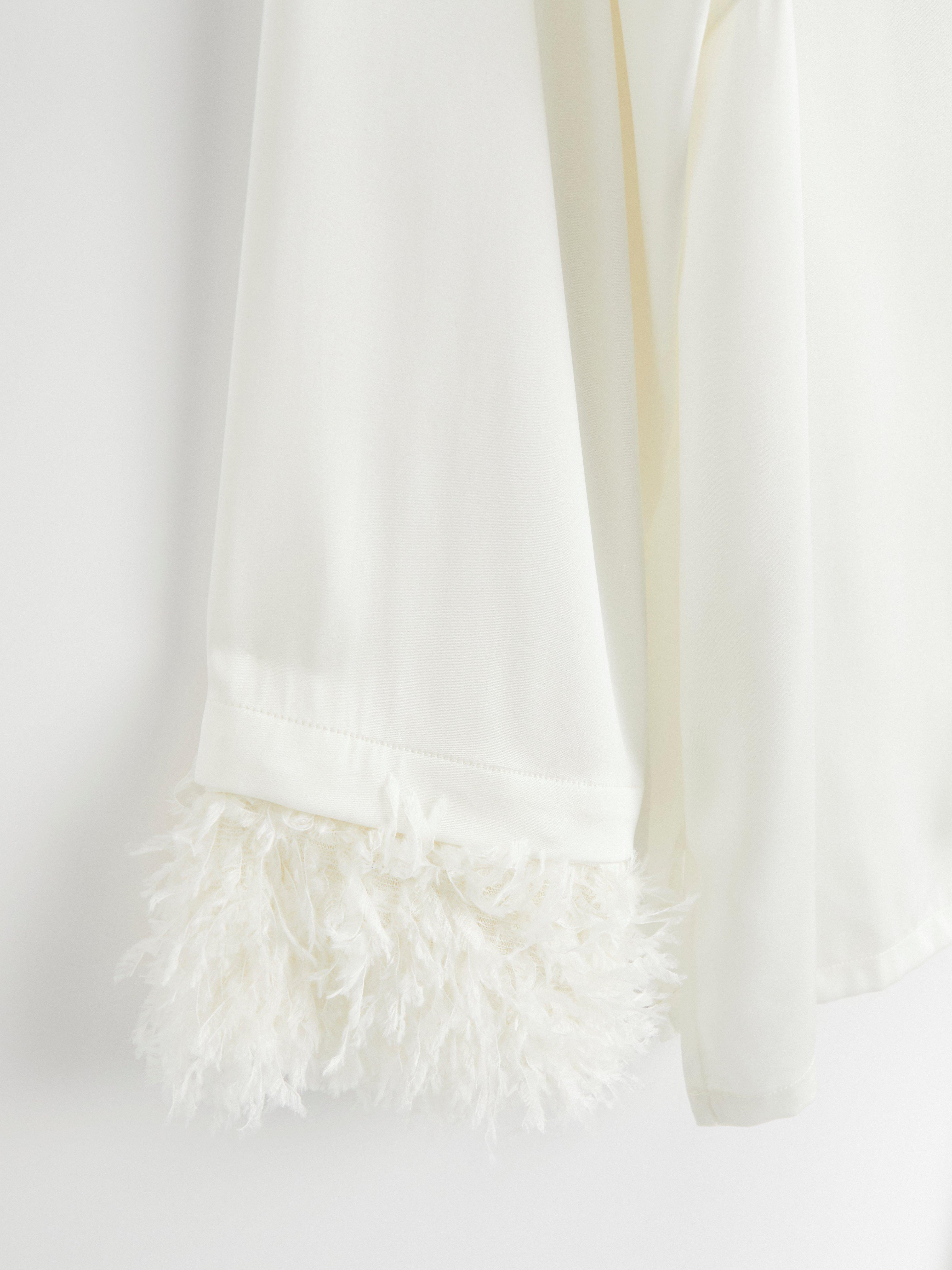 Satin pyjama set with faux feathers Light White