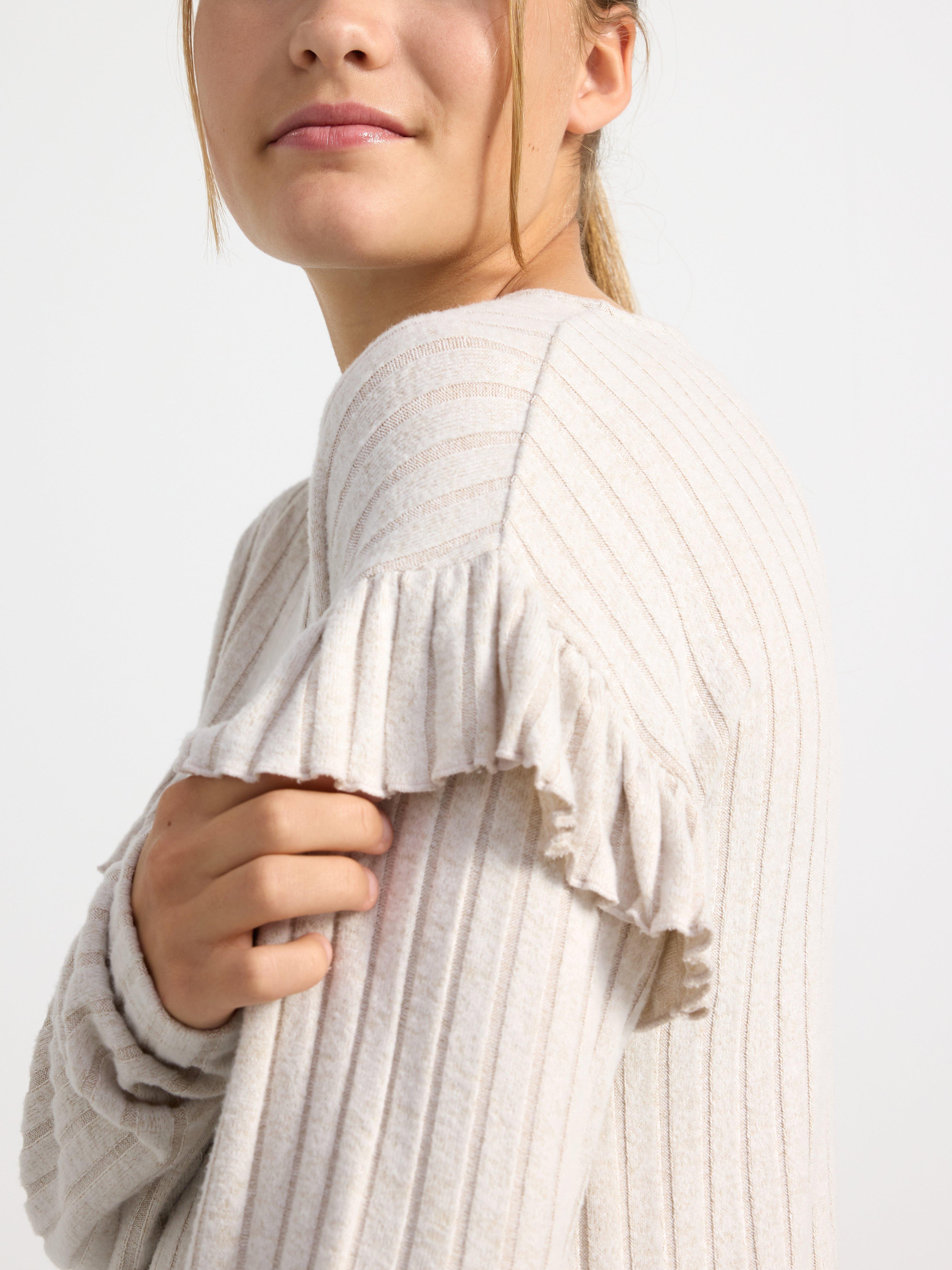 Ribbed long sleeve top with frills Light Beige Melange