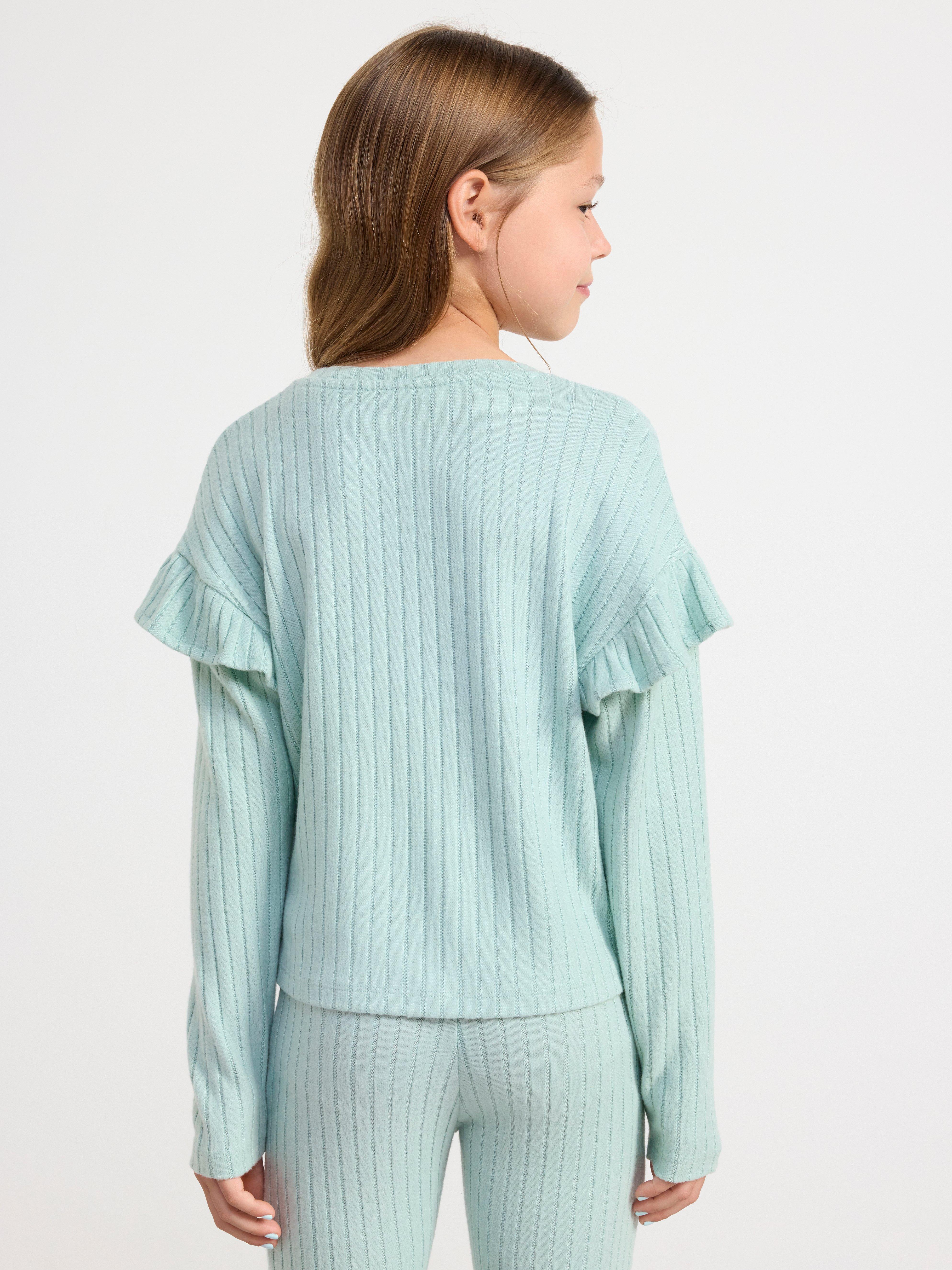 Ribbed long sleeve top with frills Dusty Aqua