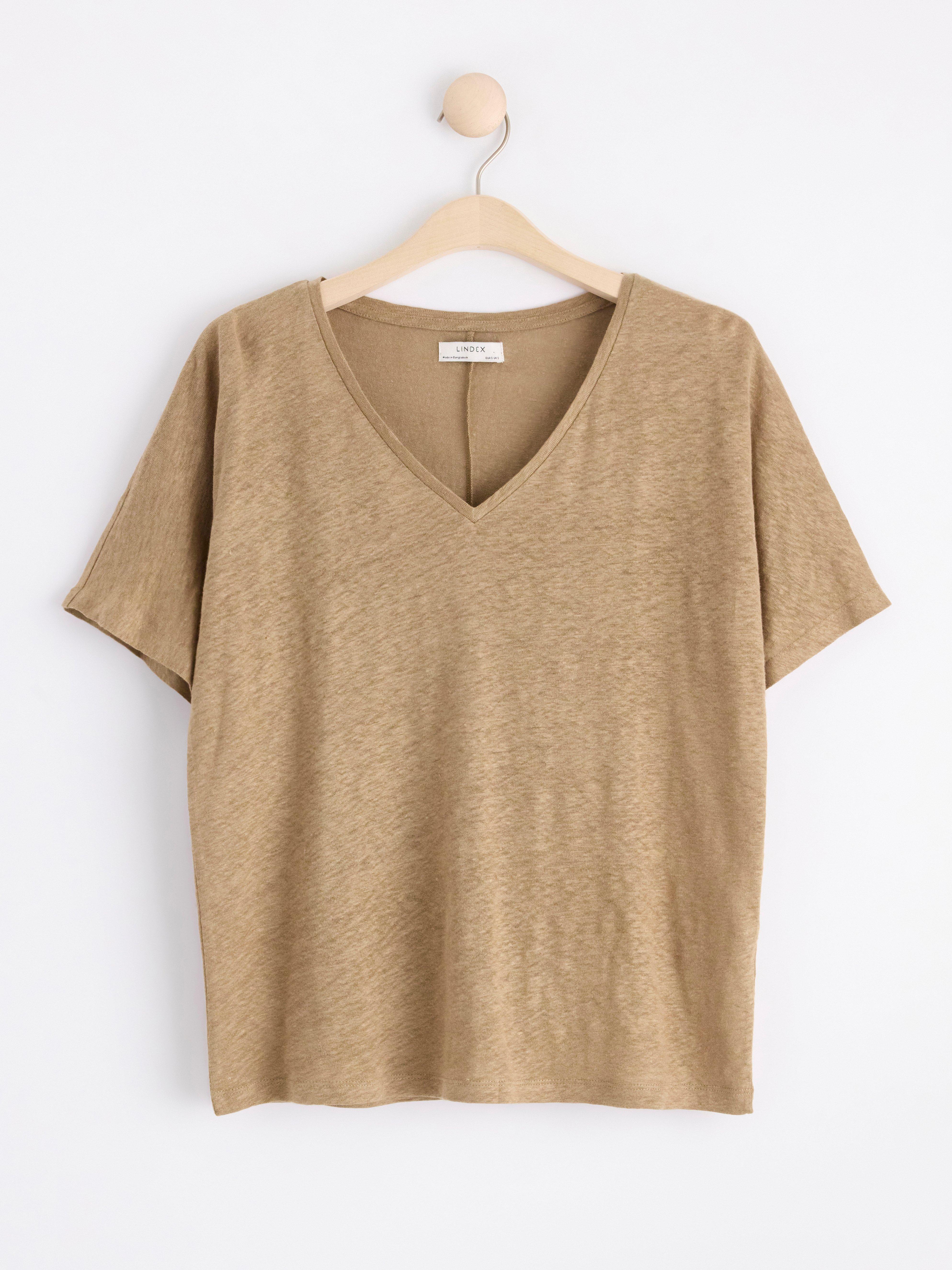 Short sleeve v-neck linen top Light dusty  Brown