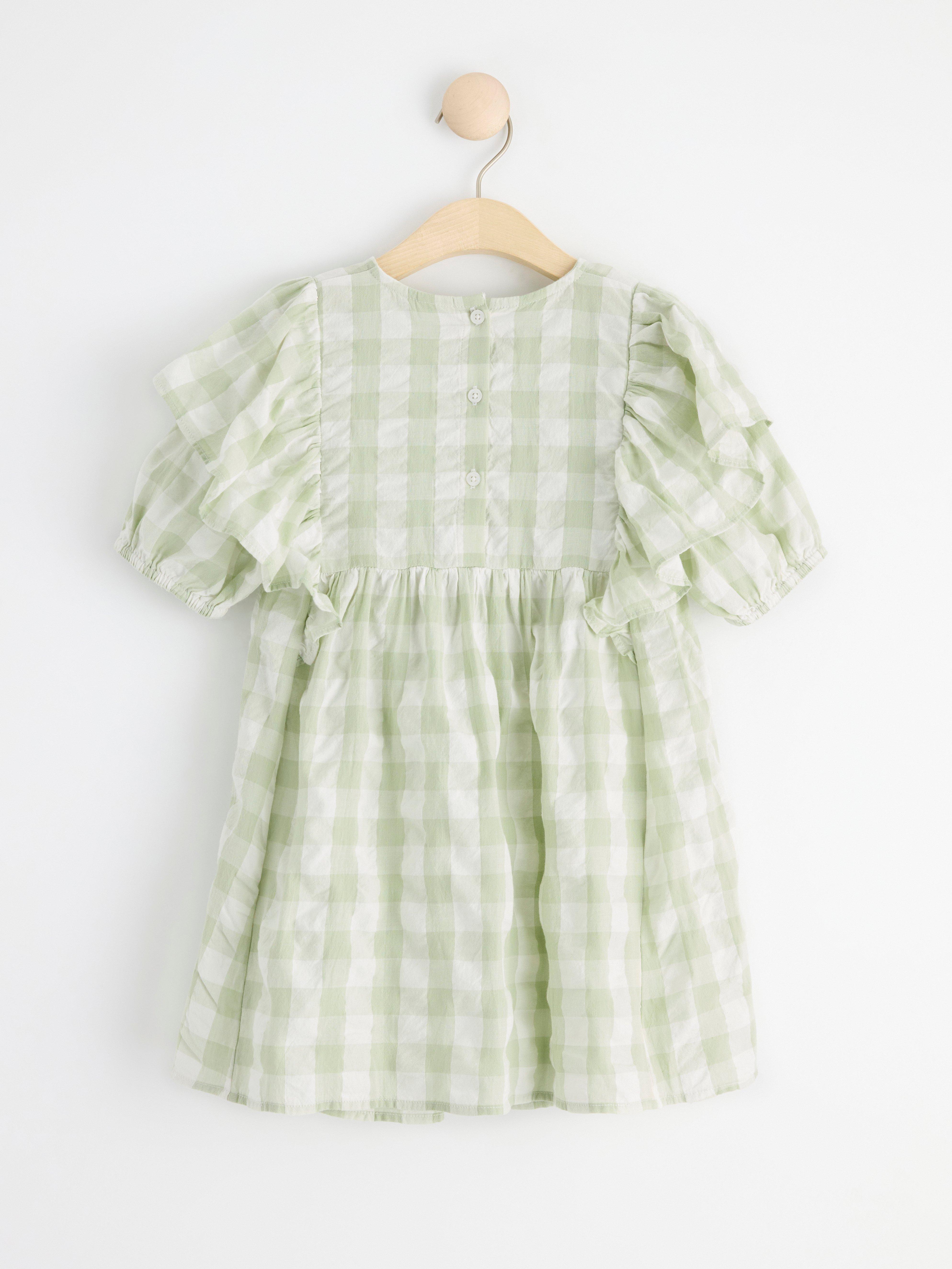 Short sleeve checked seersucker dress Light Dusty Aqua